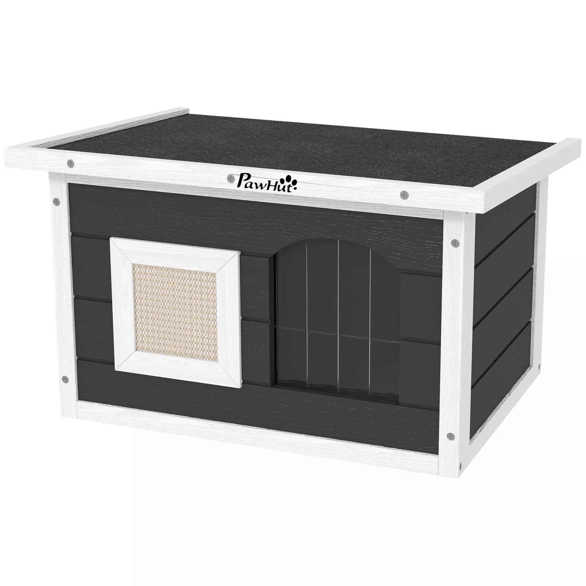 Katės namelis, pasislėpimo vieta katėms ir triušiams, medinis namelis su draskykle, durelėmis, 61 x 45 x 36,5 cm, pilkos spalvos