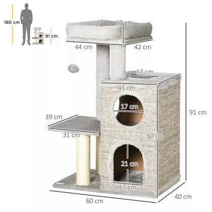 Cat tree with cat cave, cat bed and ball toy, 60 cm x 40 cm x 91 cm, light gray + natural