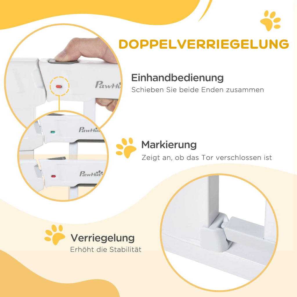 Drošības vārtiņi, uzstādīšana bez urbšanas, regulējams platums 75-96 cm, atveras ar vienu roku, metāla, balti, automātiski aizveras bērnu drošības vārtiņi