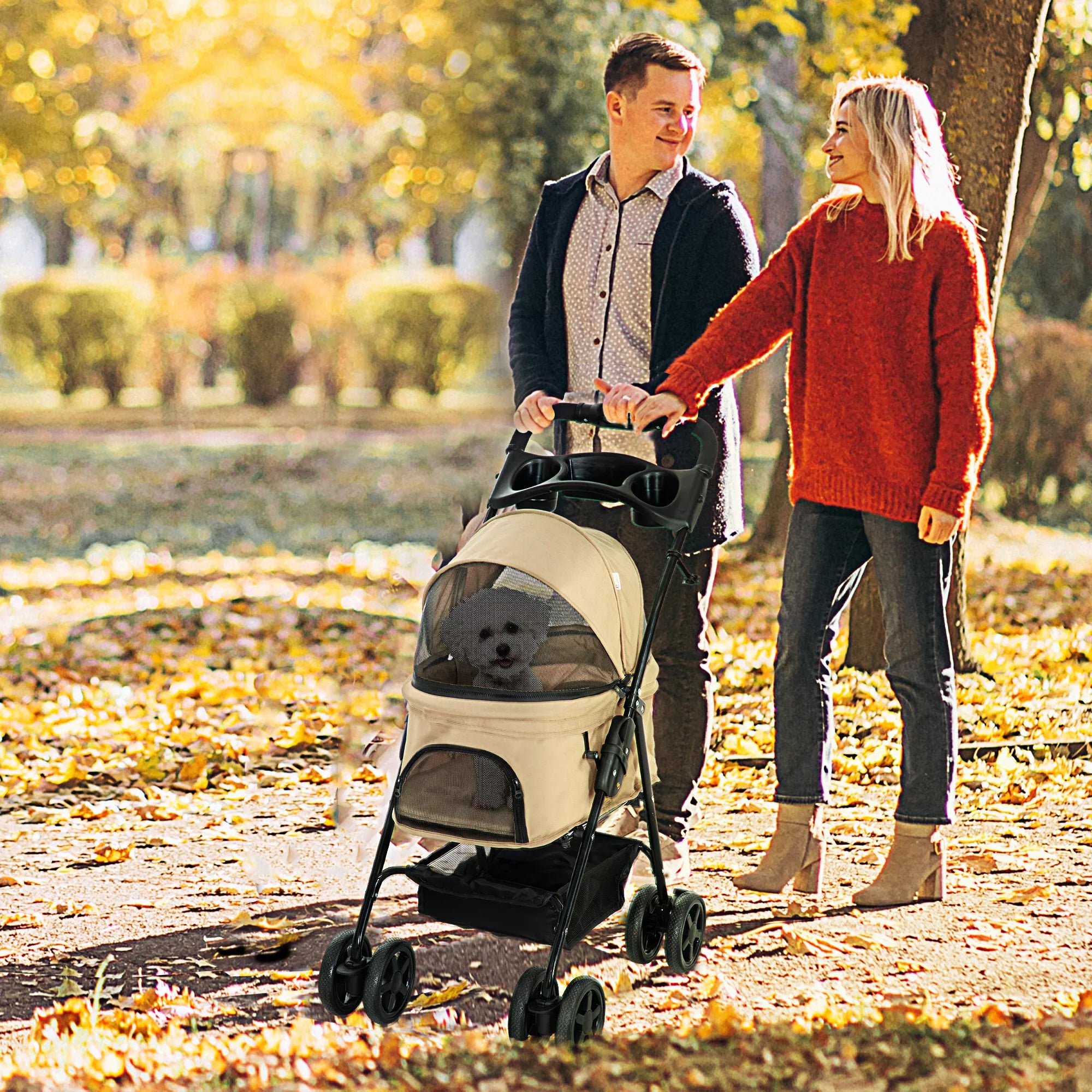 Suņu ratiņi, salokāmi, 2 drošības pavadas, 2 krūzīšu turētāji, 67 x 45 x 96 cm, haki krāsā