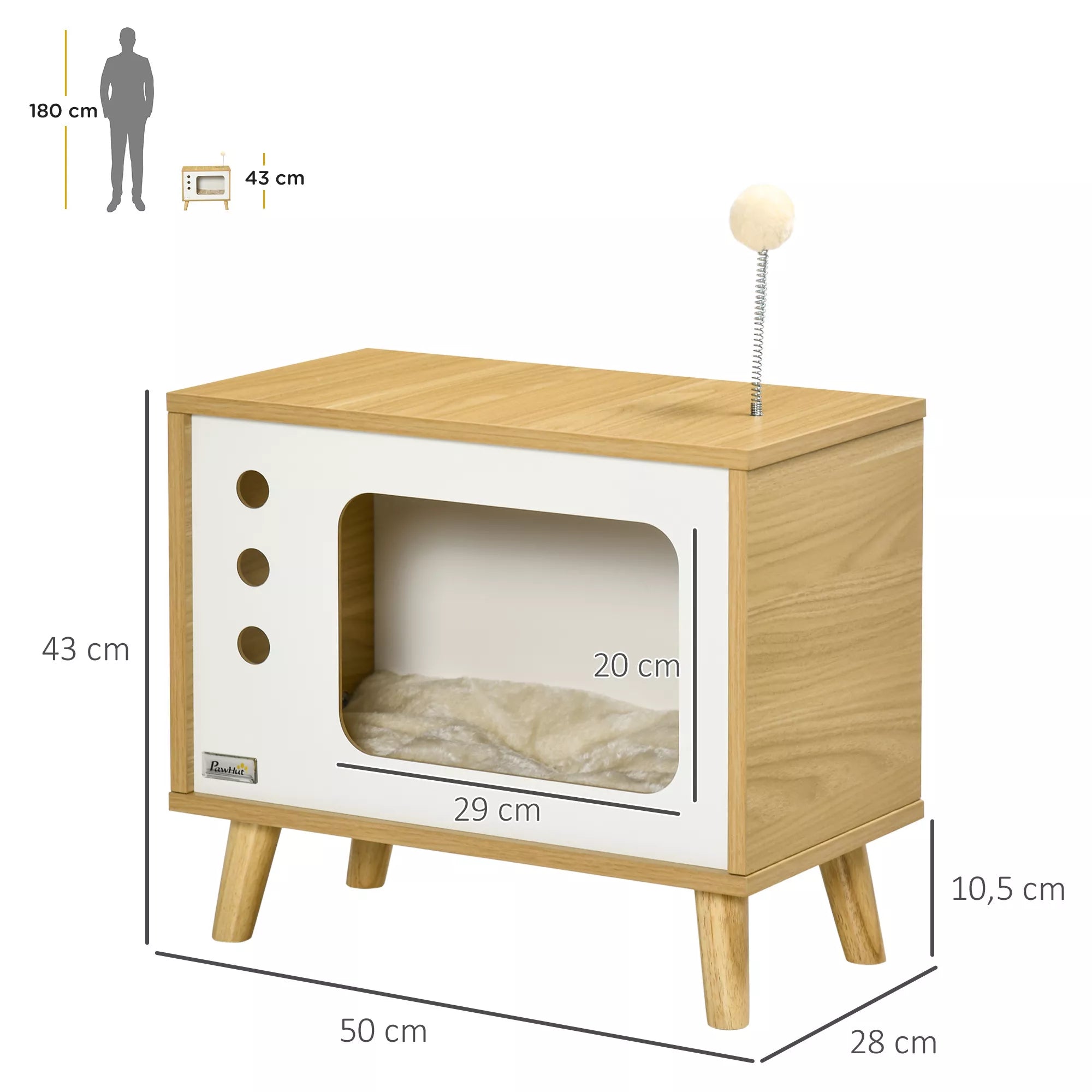 Katės namelis TV dizaino, su žaislu, skalbiama pagalvėle, 50 cm x 28 cm x 43 cm, Ąžuolas + smėlio + baltos spalvos