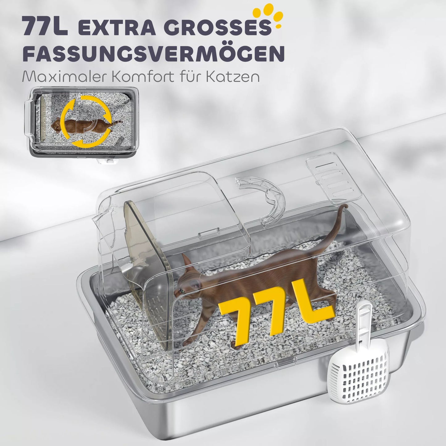 Kaķu pakaišu kaste, nerūsējošā tērauda konteiners, filtrs, kausiņa, kaķiem līdz 6 kg, 40,5 x 60,5 x 41,5 cm, pelēka/sudrabaina