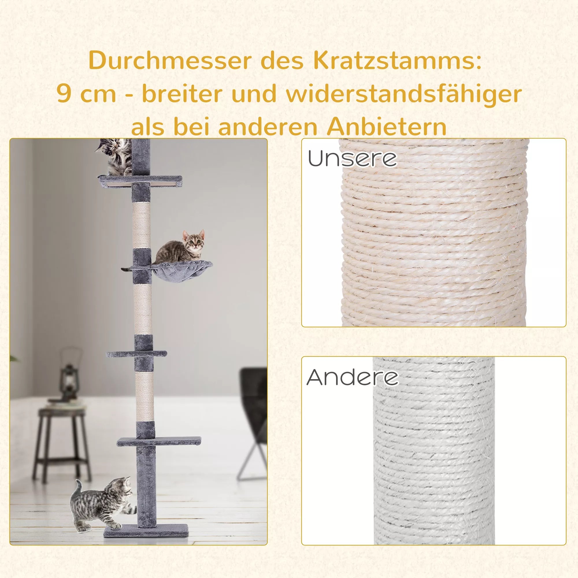 Kaķu māja līdz griestiem, regulējams augstums, stabils kaķu koks ar sizala stabiem, kaķu kāpšanas koks, pelēks, 40 x 34 x 230-260 cm