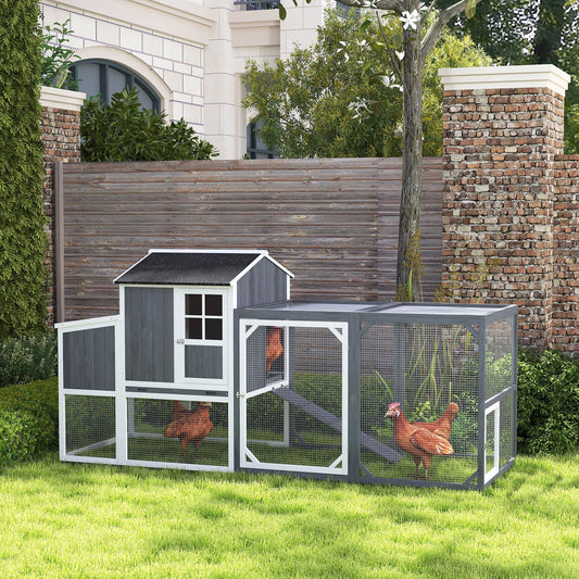 PawHut Vištidė su voljeru 3-4 vištoms, 3 dalių perėklų dėžė, 1,9 m² plotas, eglės mediena, pilka