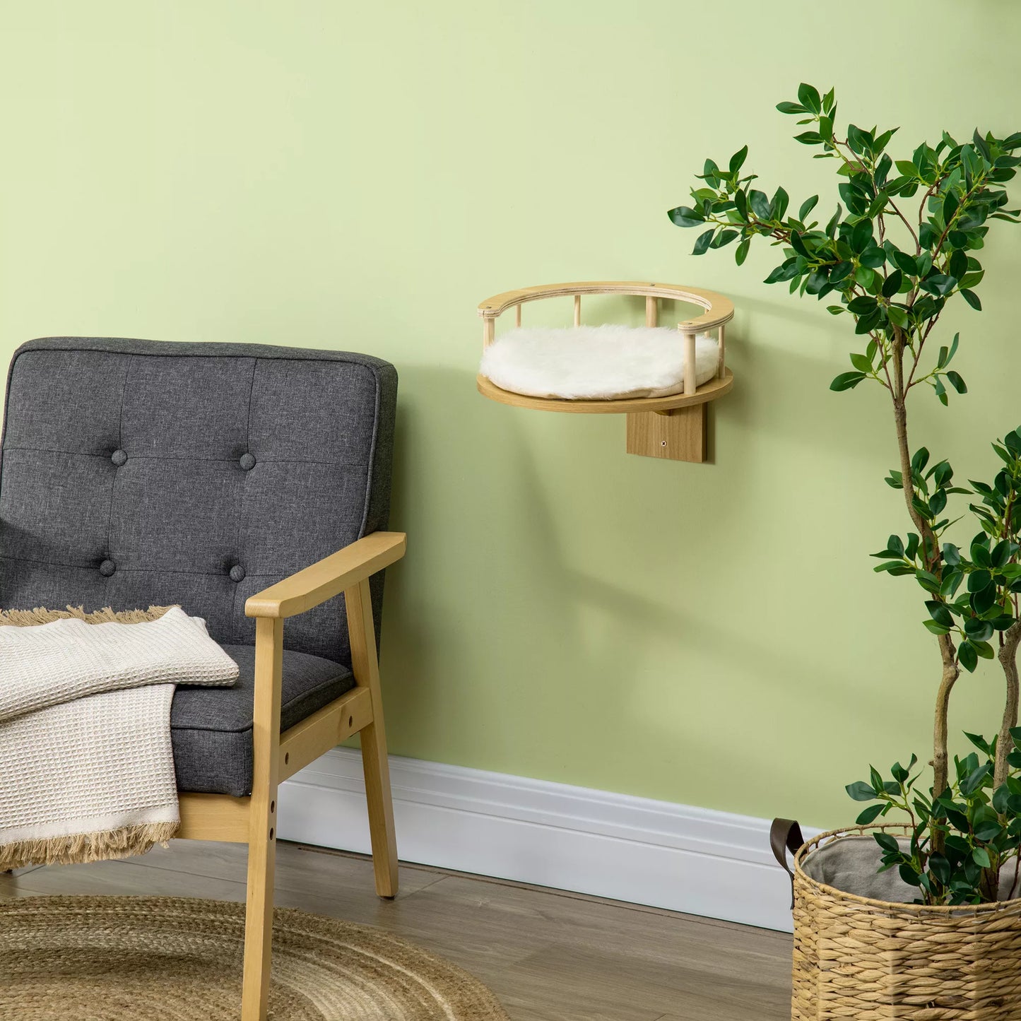 Pie sienas stiprināms kaķu gulta ar aizsargmalu, spilvens gulēšanai, stiprināšanai pie sienas, ozolkoka un krēmbalta, 34 x 34 x 10,5 cm