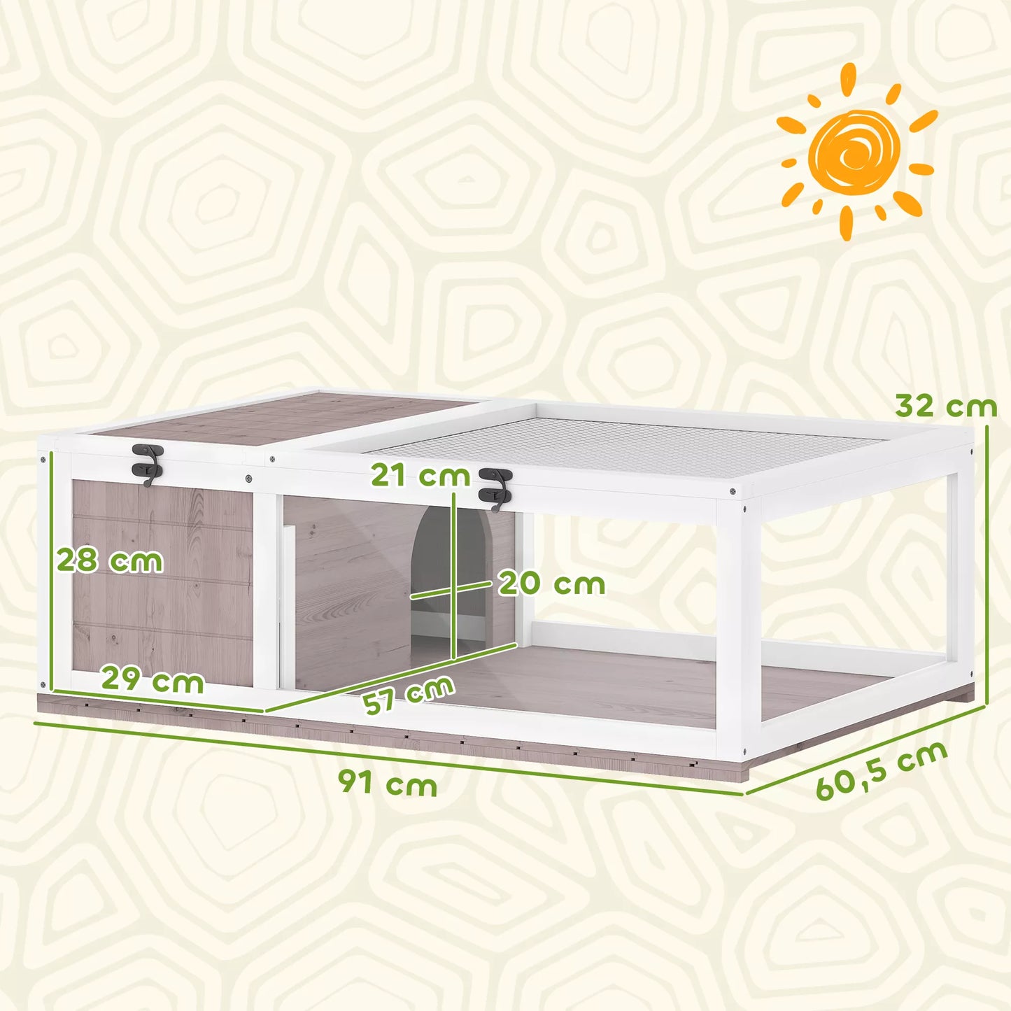 Koka bruņurupuču māja, bruņurupuču aploks ar galvenajiem nodalījumiem, atverams augšējais vāks, 91x60,5x32 cm, brūna
