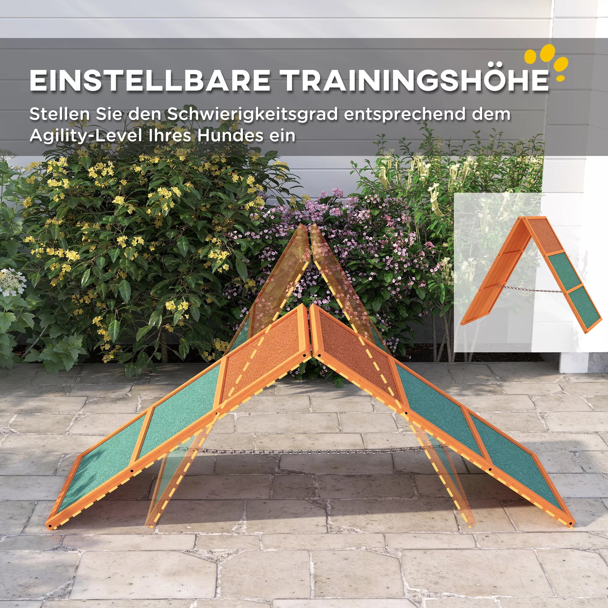 Agility šunų rampos, sulankstoma, reguliuojamas aukštis, neslystanti, eglės mediena, iki 40 kg, 173 x 59 x 66 cm, oranžinė/žalia
