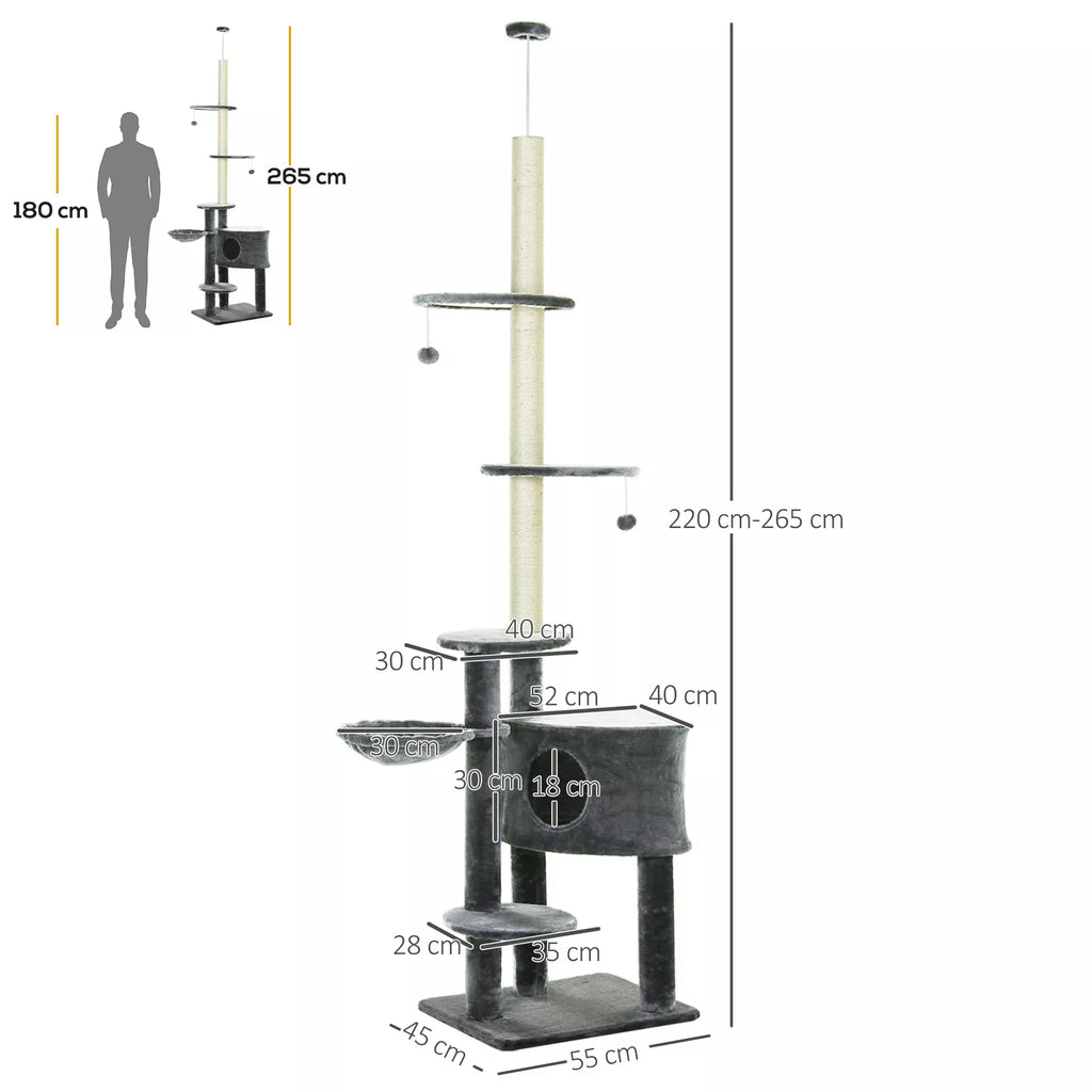 Kaķu māja no grīdas līdz griestiem 220-265 cm, ar rotaļlietām, gultu, šūpuļtīklu, sizala stabiem, platformām, daudzlīmeņu kaķu māja skrāpēšanai, kāpšanas māja vidēja lieluma kaķiem, tumši pelēka