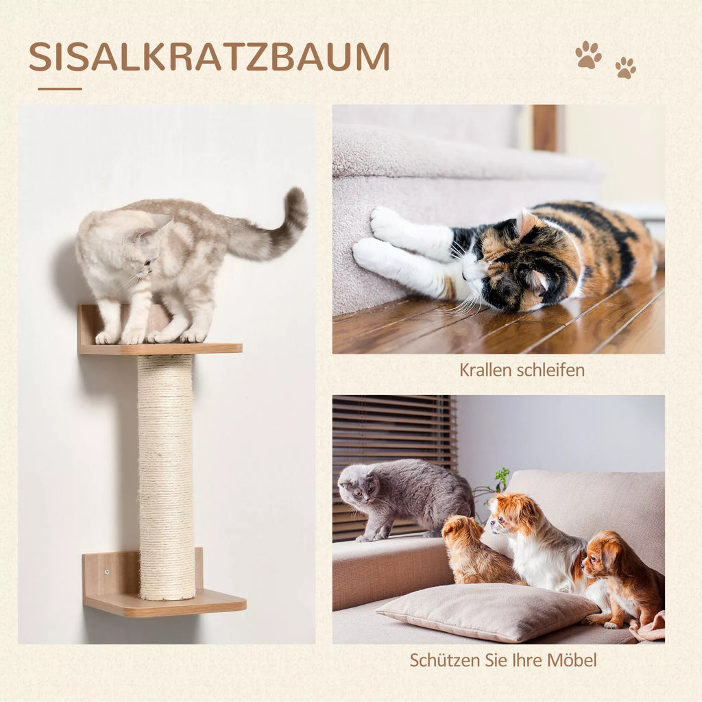 4 daļu kaķu kāpšanas siena ar skrāpējamo stabu, kaķu pakāpieni, kaķu mēbeles, šūpuļtīkls, gaiši brūna, sizala, akrila, priedes koks