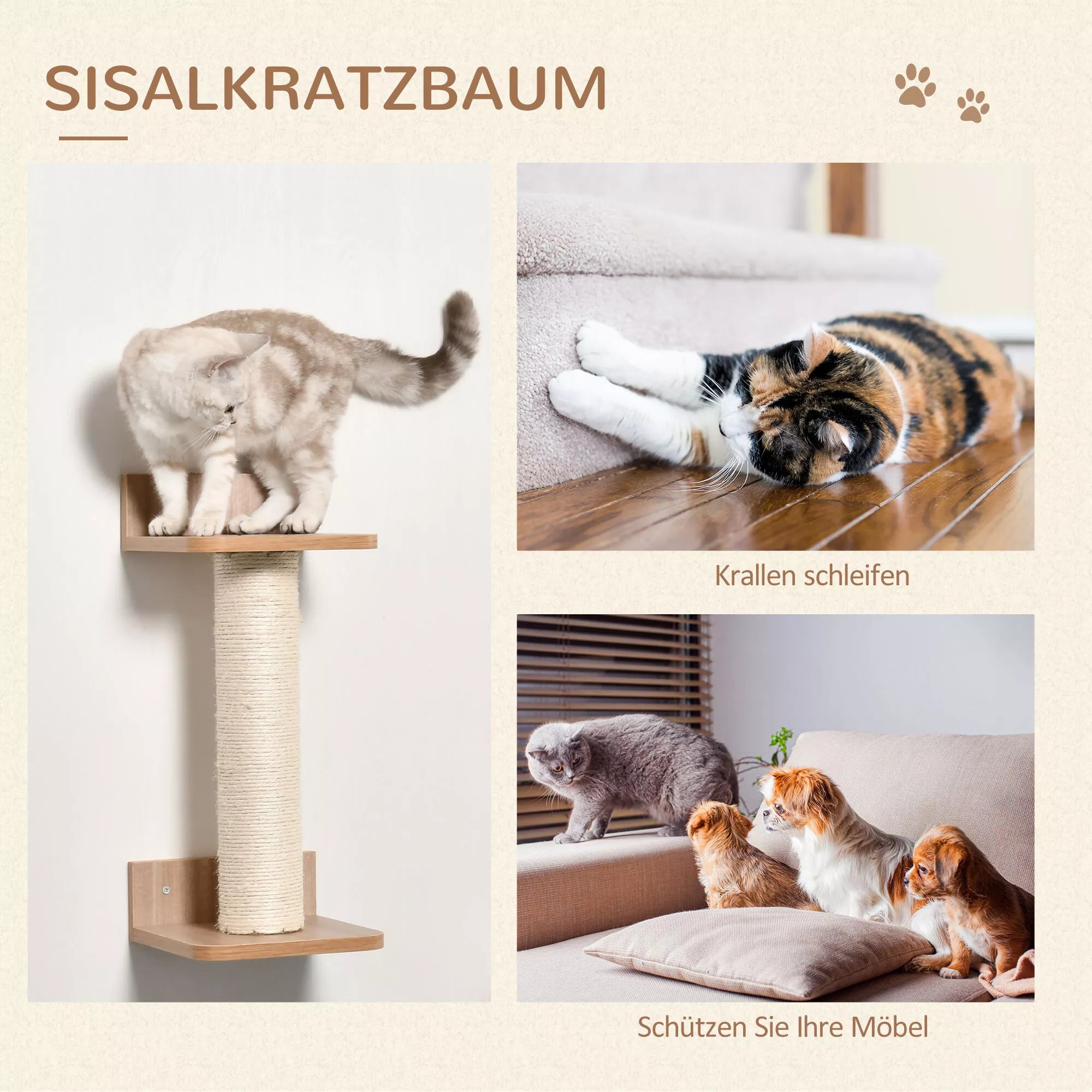 4 daļu kaķu kāpšanas siena ar skrāpējamo stabu, kaķu pakāpieni, kaķu mēbeles, šūpuļtīkls, gaiši brūna, sizala, akrila, priedes koks