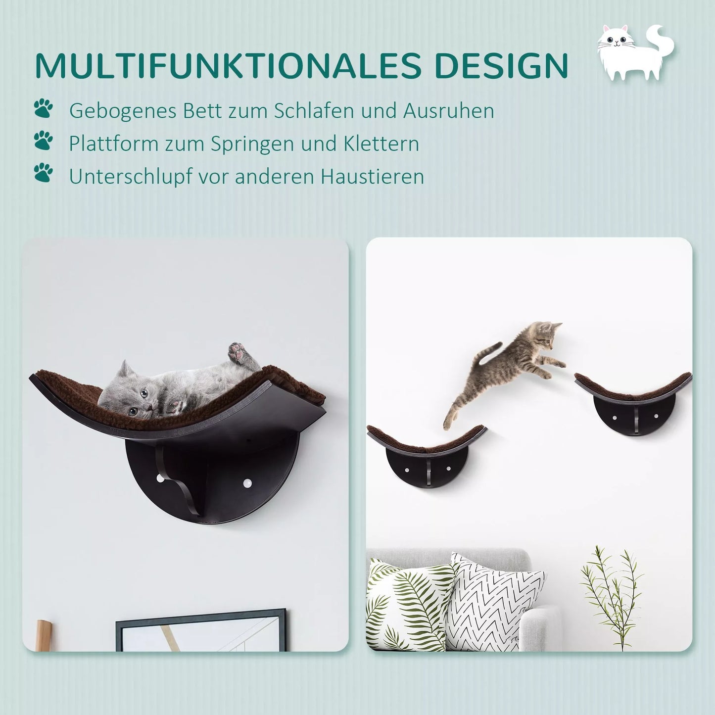 Kaķu gulta/gulta pie sienas, kaķu plaukts, ar mīkstu polsterējumu, brūna, 41 x 28 x 21 cm