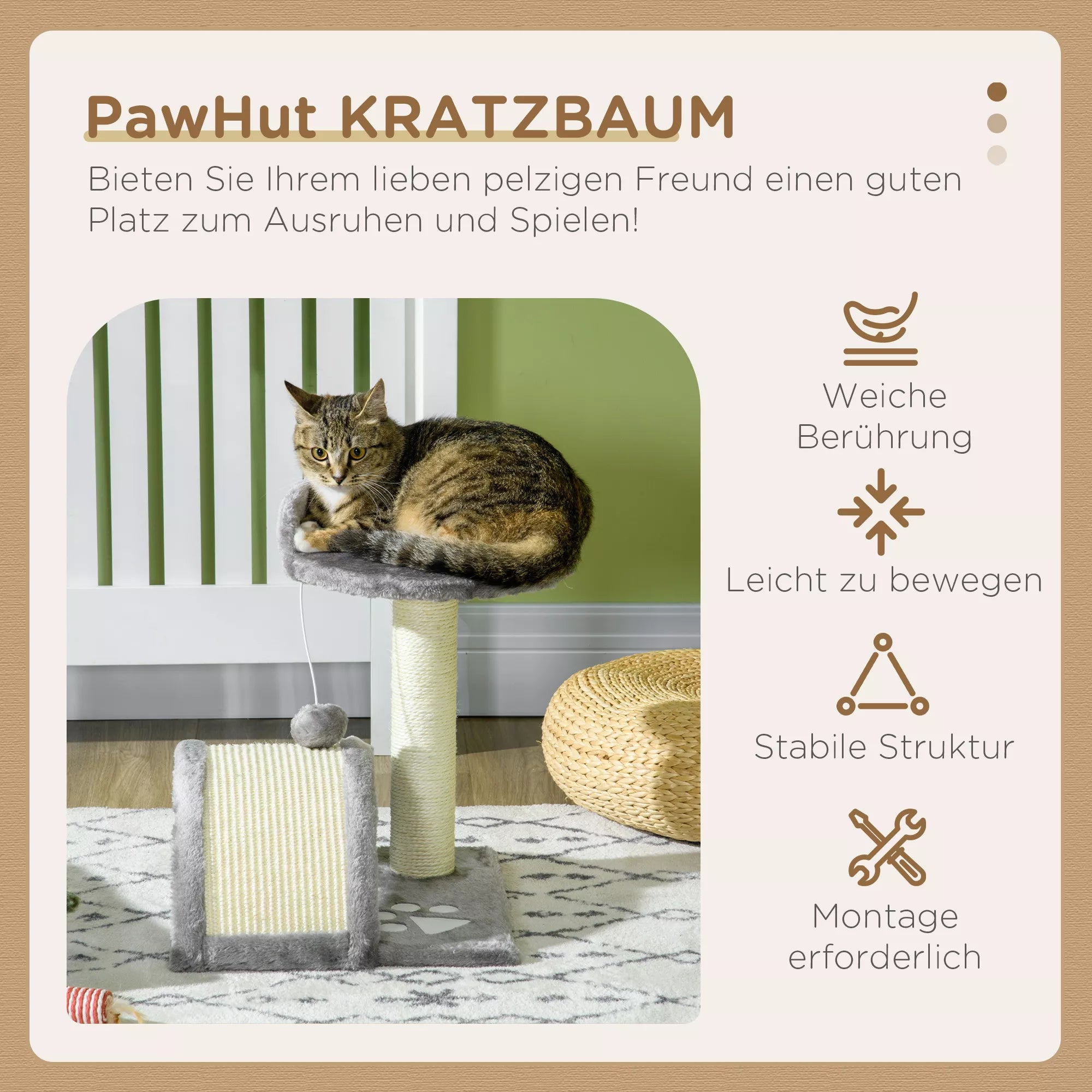 Kaķu māja 46 cm Mazs kaķu tornis ar gultu, rotaļu bumbu, sizala virvi, paceltu platformu, kaķu skrāpējamo kasti, kāpšanas koku, kaķiem līdz 4 kg, pelēks