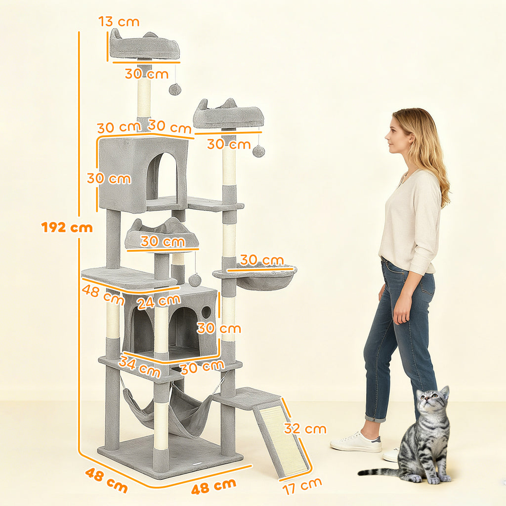 Draskyklė 192 cm su 2 nameliais, 3 guoliais, hamakais ir laipteliais, 2–3 katėms iki 5 kg, šviesiai pilka