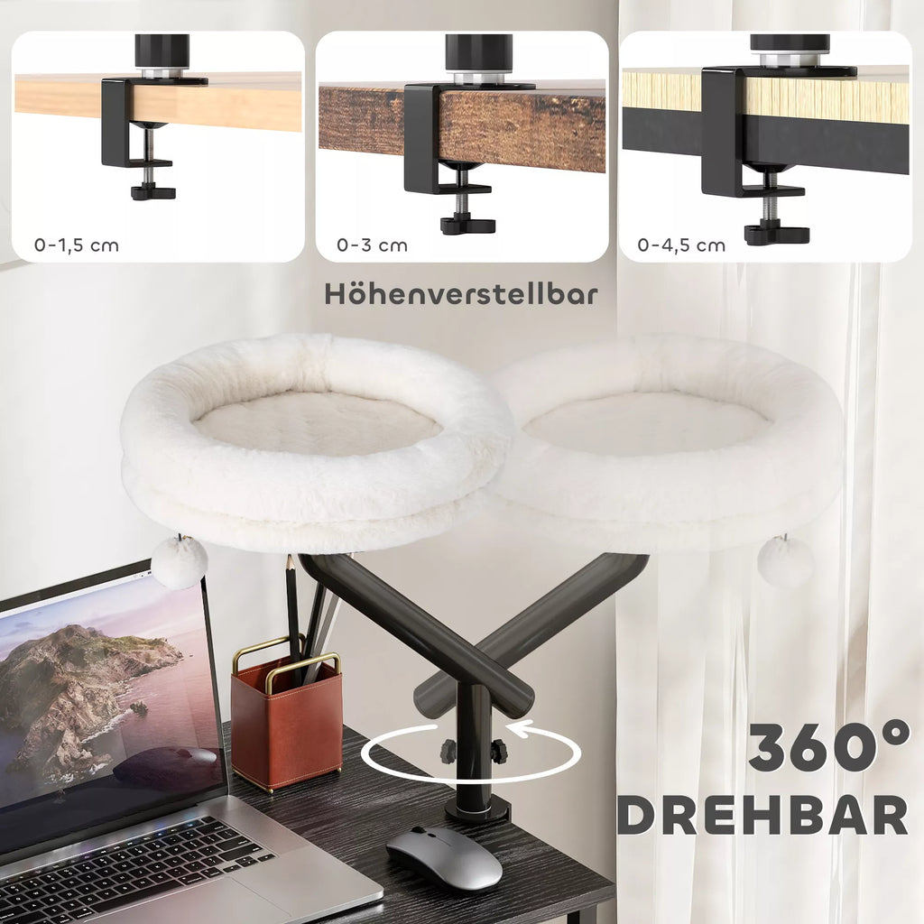 Katės lova prie rašomojo stalo, katės lova rašomajam stalui su 360° sukimusi, reguliuojamo aukščio, katės gultas su nuimamu, skalbiamu mašinoje guoliu, katėms iki 6 kg, namų biurui, kreminės baltos spalvos