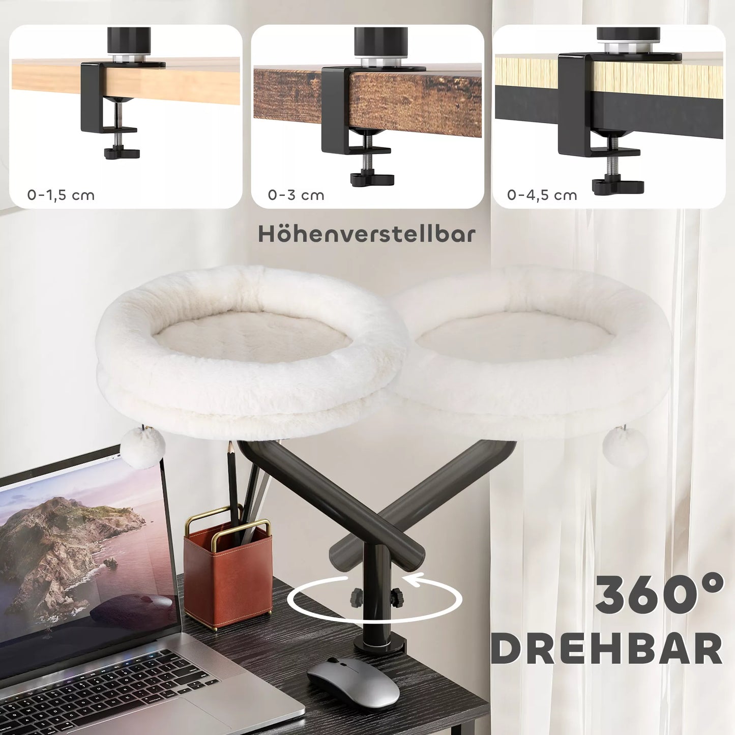 Katės lova prie rašomojo stalo, katės lova rašomajam stalui su 360° sukimusi, reguliuojamo aukščio, katės gultas su nuimamu, skalbiamu mašinoje guoliu, katėms iki 6 kg, namų biurui, kreminės baltos spalvos