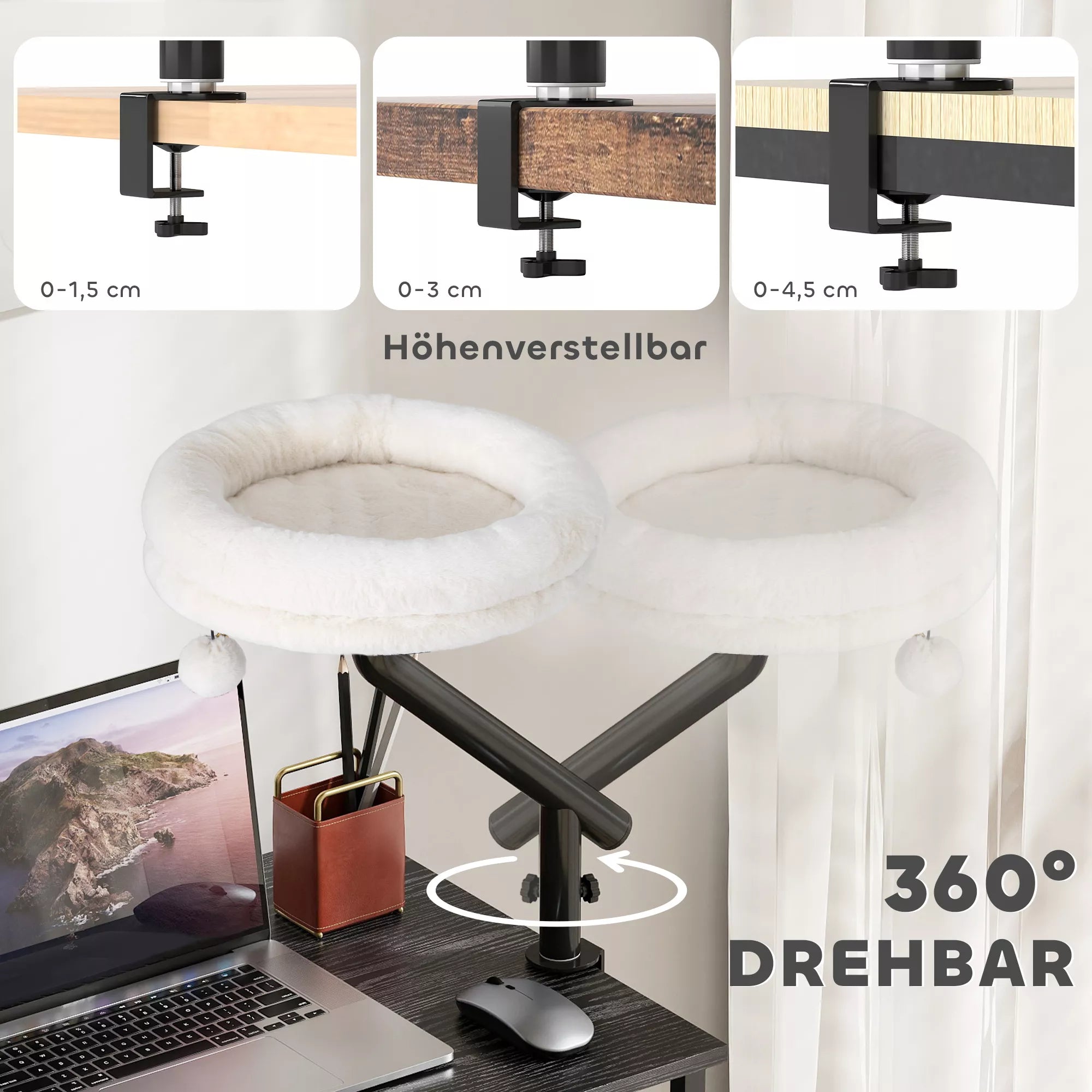Katės lova prie rašomojo stalo, katės lova rašomajam stalui su 360° sukimusi, reguliuojamo aukščio, katės gultas su nuimamu, skalbiamu mašinoje guoliu, katėms iki 6 kg, namų biurui, kreminės baltos spalvos