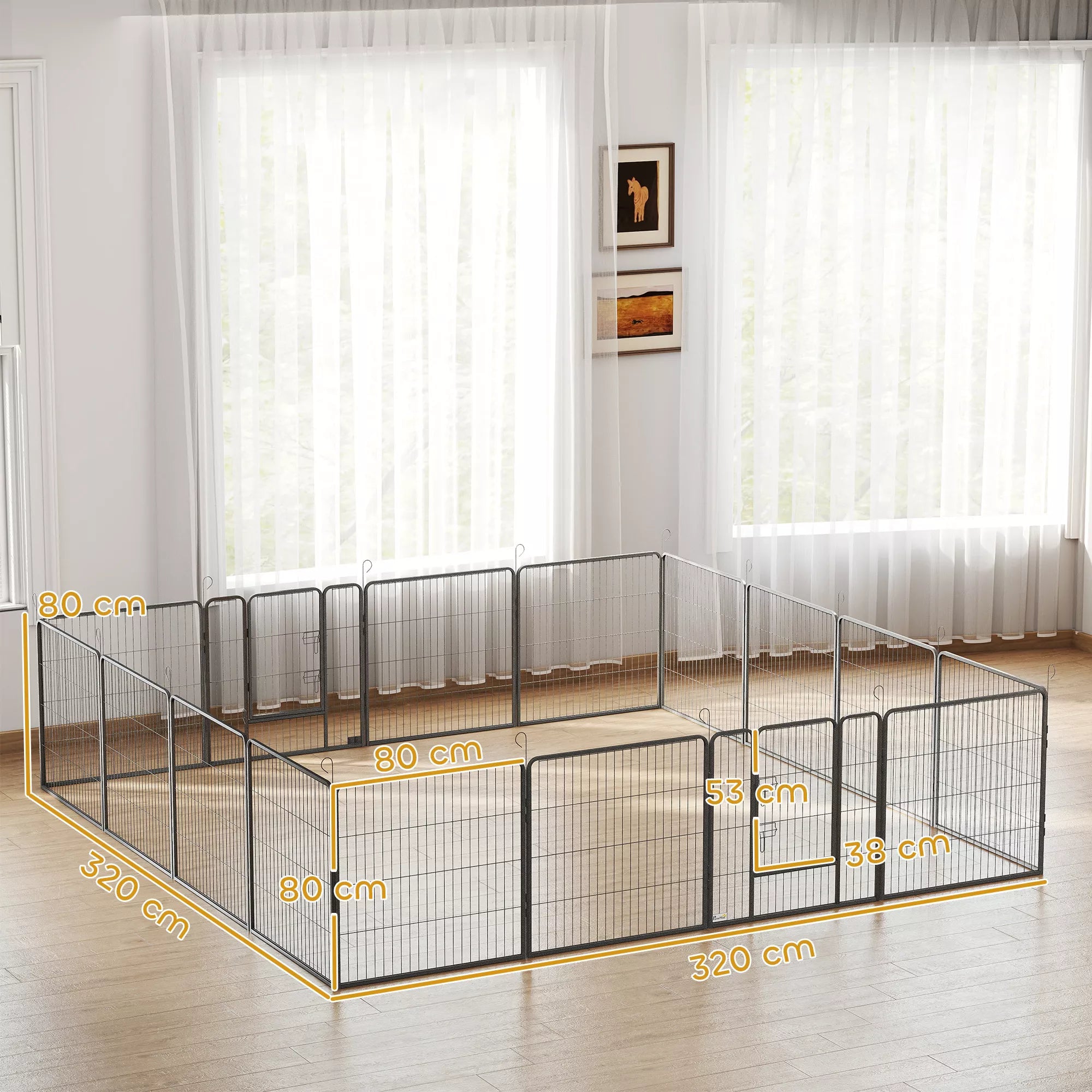 Šuniukų aptvaras, 16 dalių sulankstomas su durelėmis, metalas, 3,2x3,2x0,8 m, pilkas