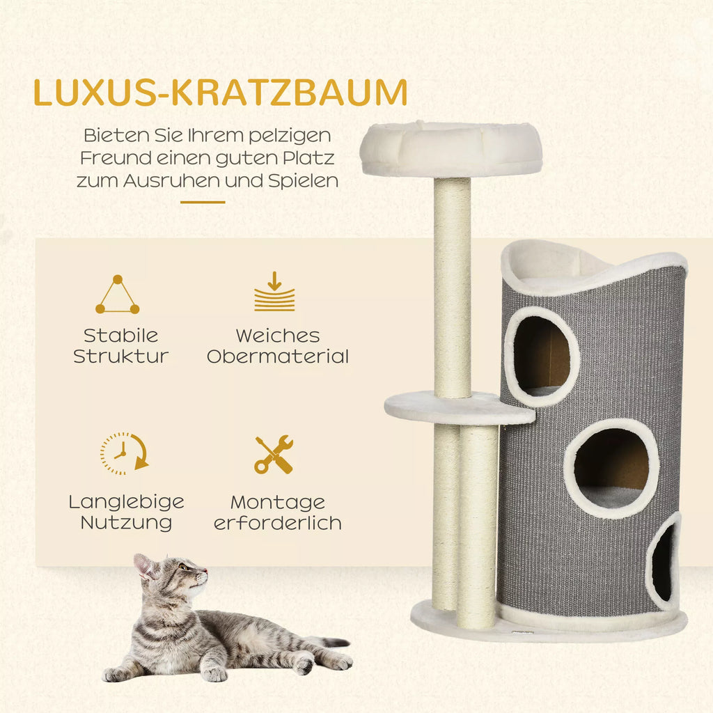 Kačių medis su kačių guoliu ir braižymo statine katėms, 60 cm x 44,5 cm x 109 cm, Pilka + Natūrali + Balta