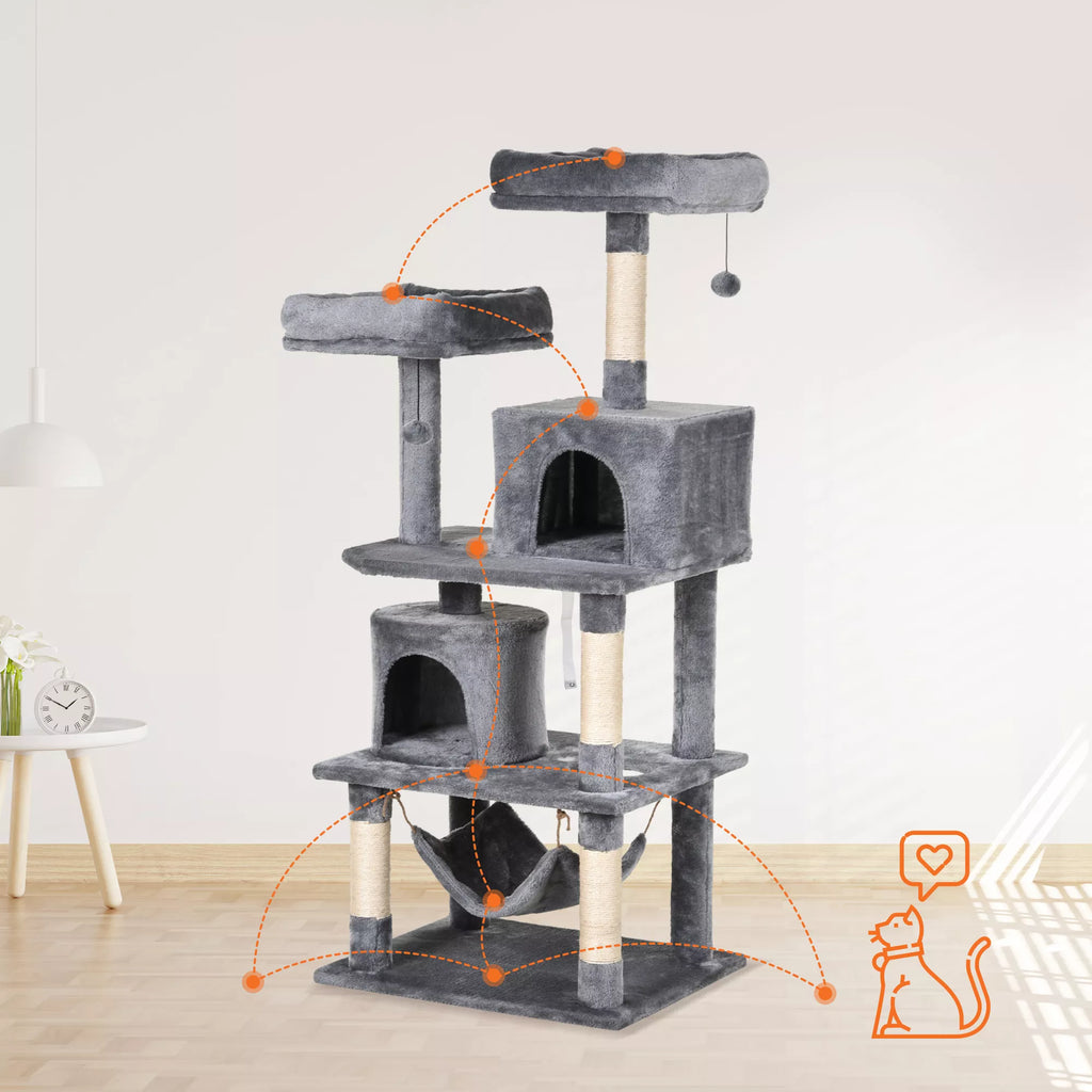 Katės nagų galandimo medis, didelis, 145 cm, katės medis su hamaku, laipiojimo medis katėms, katės nagų galandimo medis su urvu, katės baldai su sizalio kamienais, šviesiai pilkos spalvos
