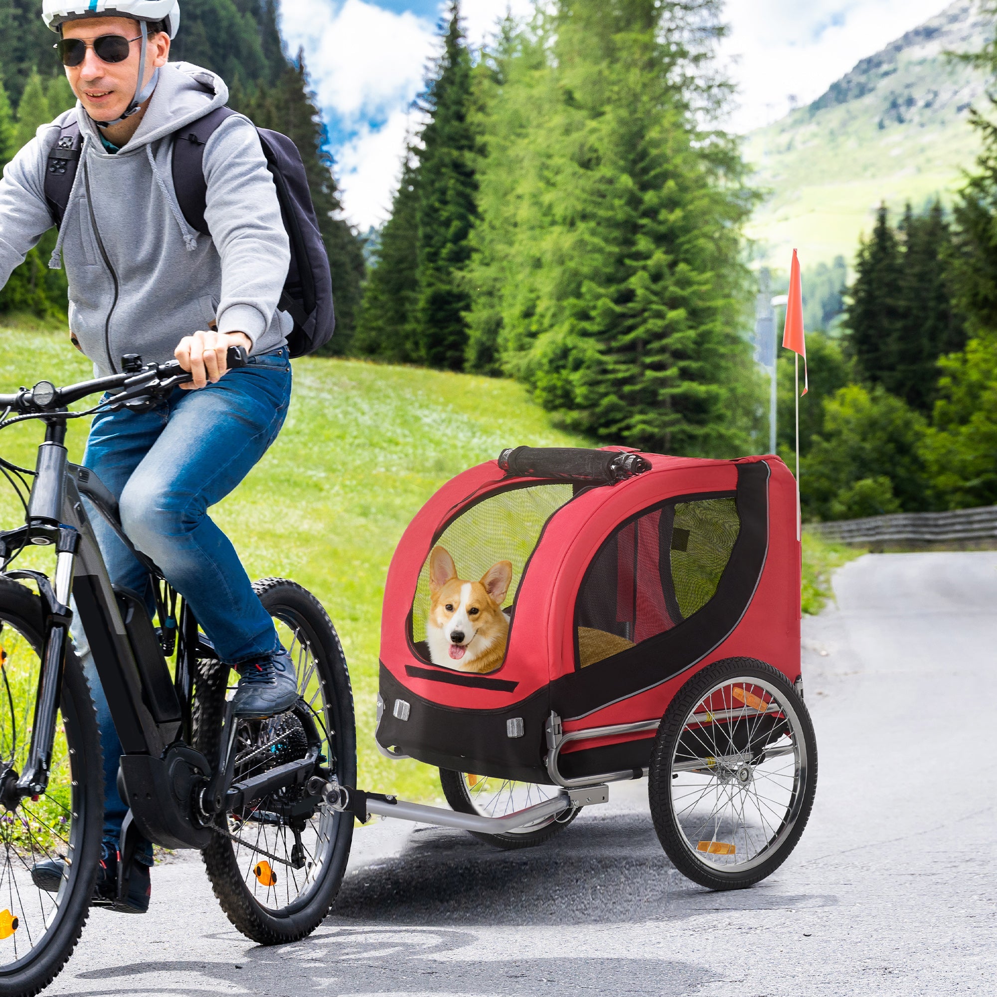 Velosipēda piekabe suņiem līdz 20 kg ar universālu sakabi, tērauda, ​​sarkana+melna