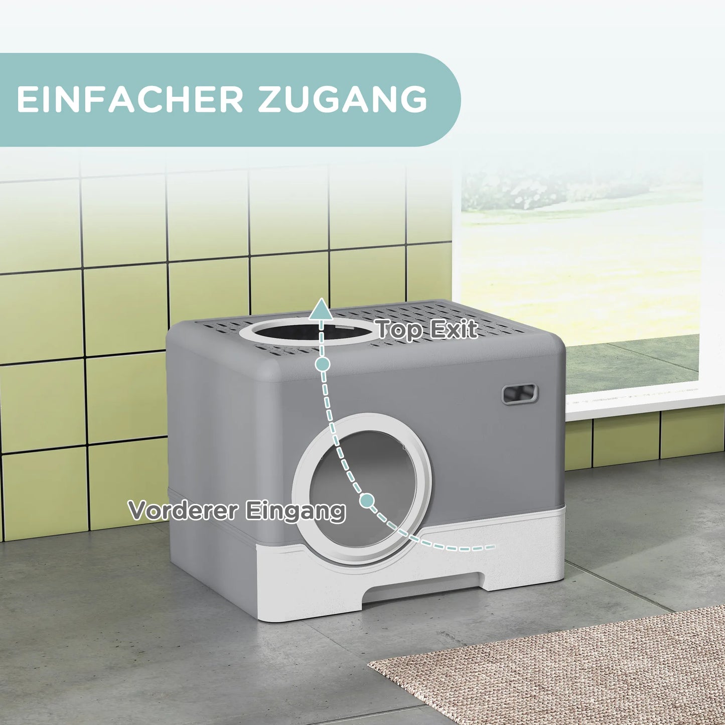 Kaķu pakaišu kaste, 2 izvadi, noņemams apakšējais paliktnis, 52 x 41 x 38,5 cm, pelēka