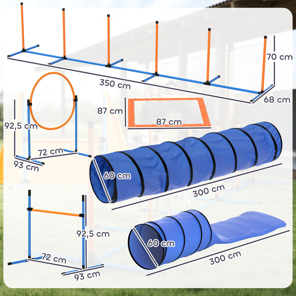 Agility rinkinys šunims, 11 dalių, su 2 tuneliais, šuolių lanku, barjerais ir slalomo stulpais, oranžinis