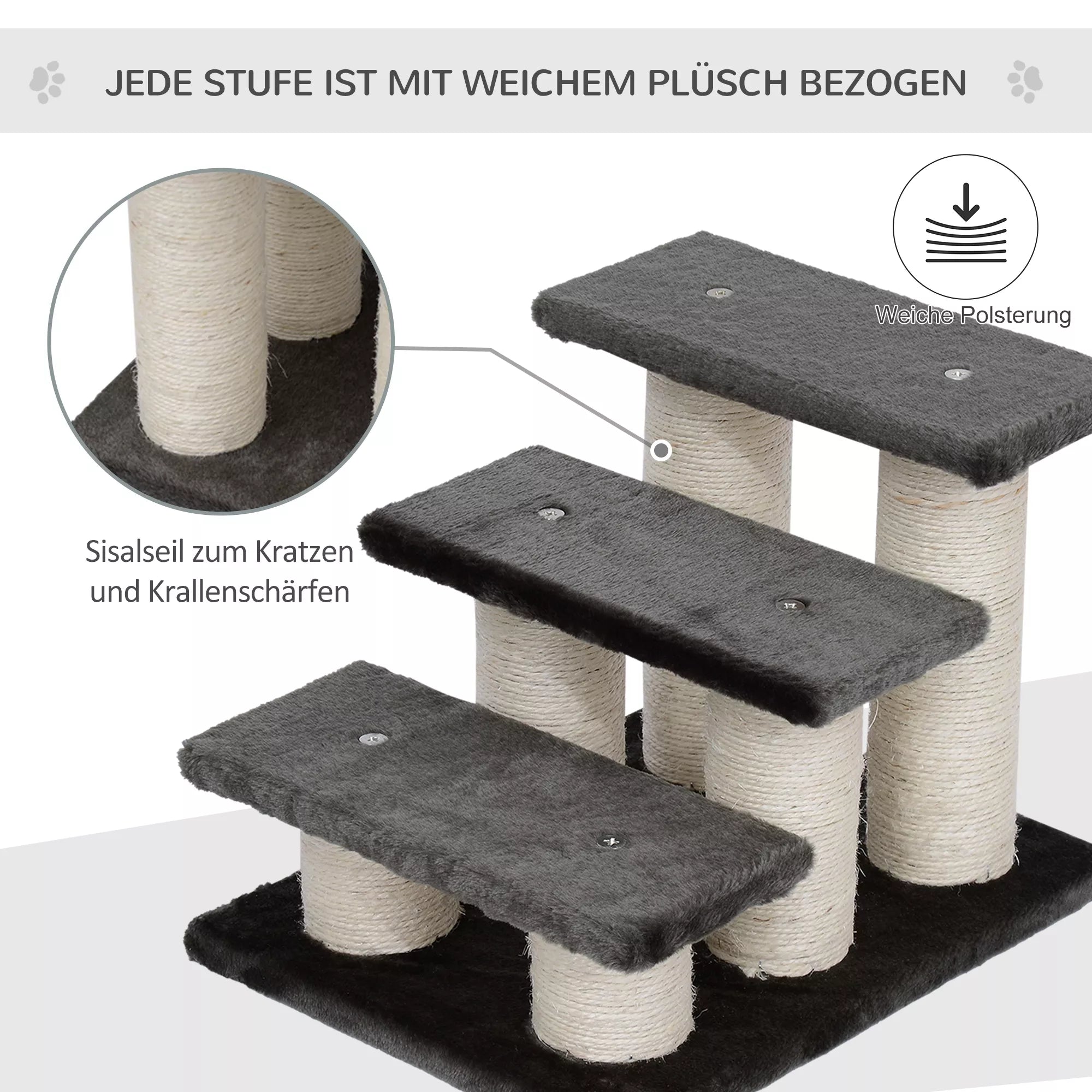 Suņu pakāpieni, 3 pakāpieni, 34 cm augsti mājdzīvnieku pakāpieni suņiem, kaķiem, ar skrāpēšanas stabu, suņu rampu, iekāpšanas palīglīdzekli gultai, dīvānam, matracim, tumši pelēki