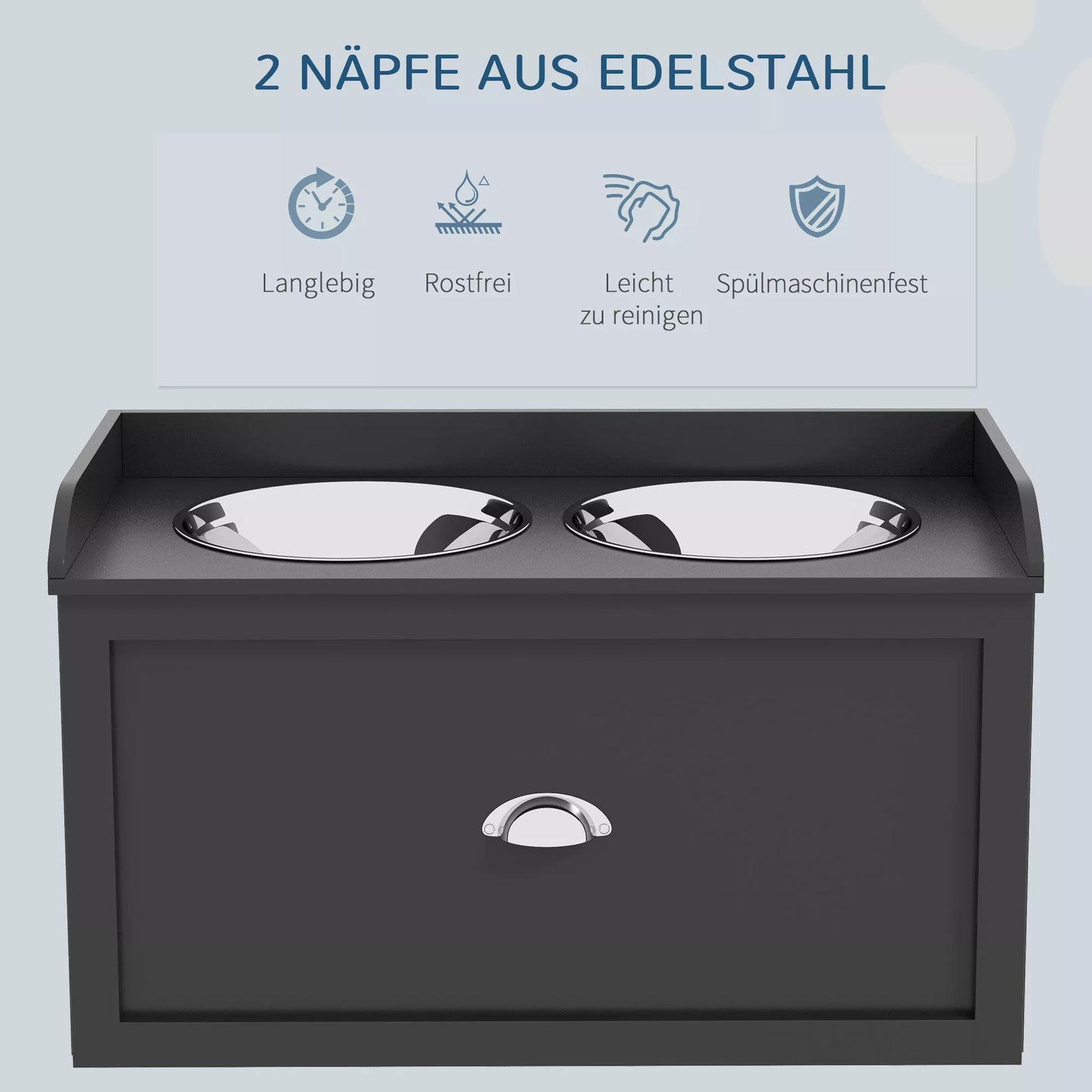 Šėrimo stotelė, 2 dubenėliai po 2 litrus, nerūdijančio plieno, su stalčiumi, dideliems šunims, juoda+sidabrinė, 60 x 30 x 36 cm