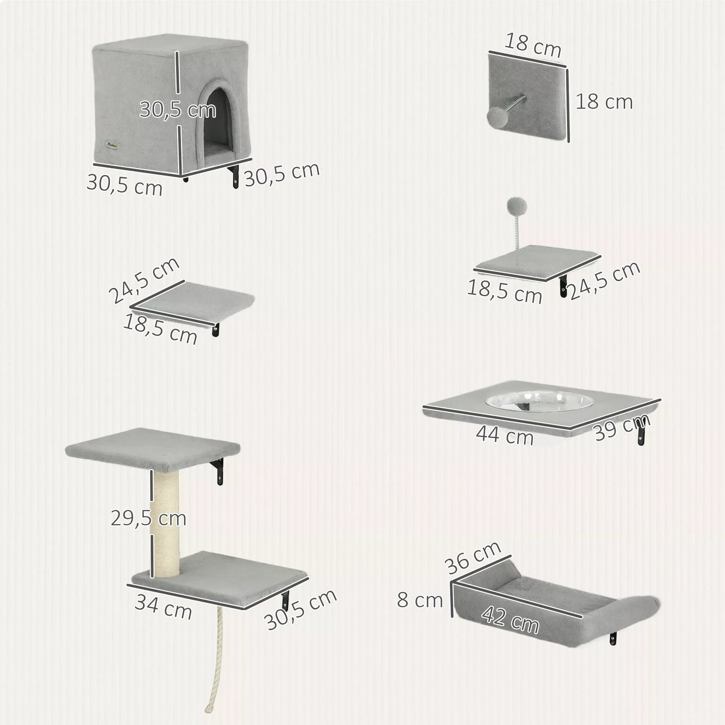 7 dalių kačių laipiojimo sienelės komplektas su kačių nameliu, platformomis (pilka)