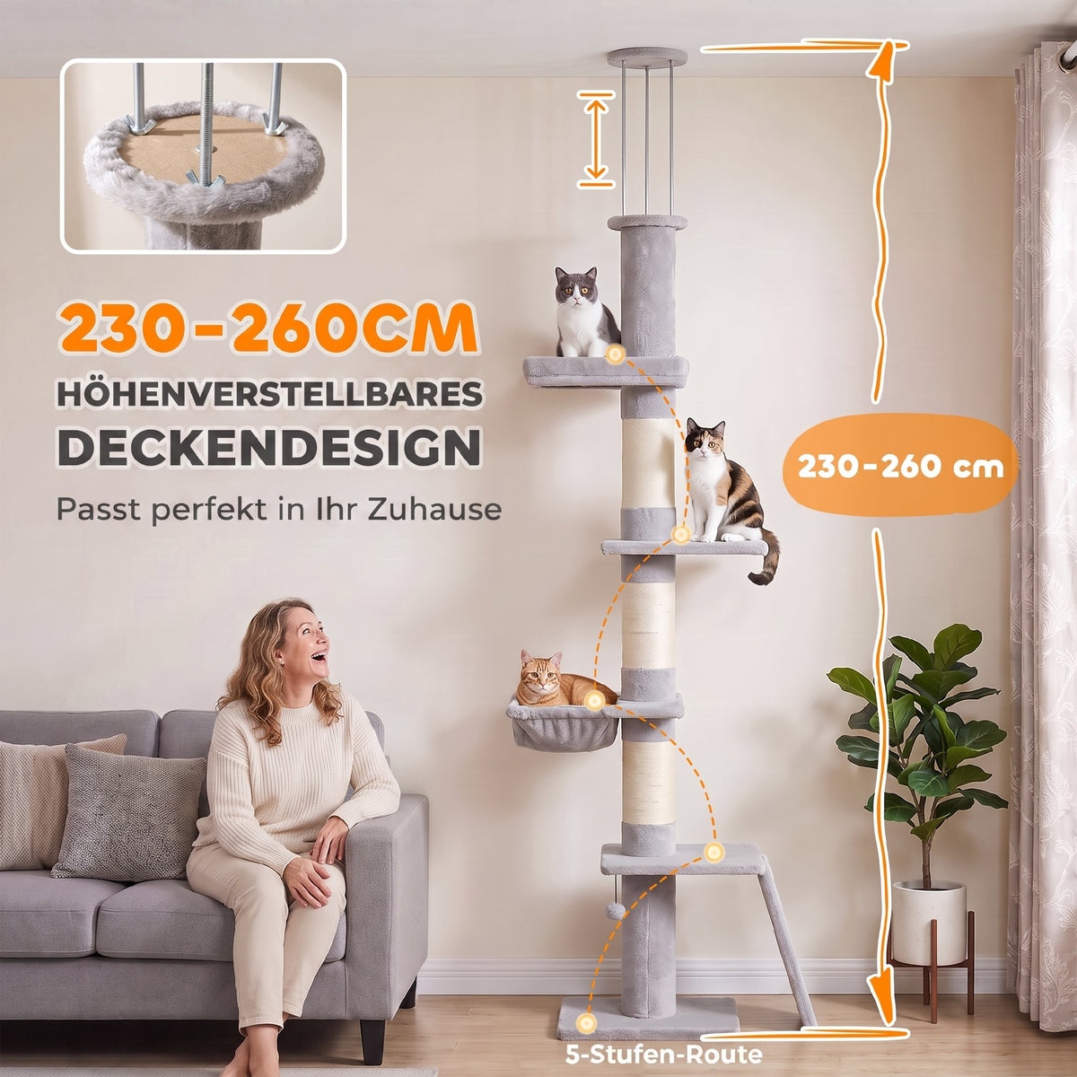 Draskyklė iki lubų 230–260 cm, 5 lygių, su 3 storais sizalio stulpais ir hamaku, katei iki 5 kg, šviesiai pilka