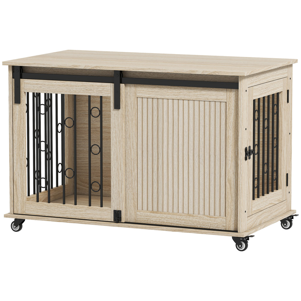Narvas-spintelė šunims ant ratukų 100x56x65 cm, su stumdomomis durimis, šunims iki 25 kg, ąžuolo spalvos