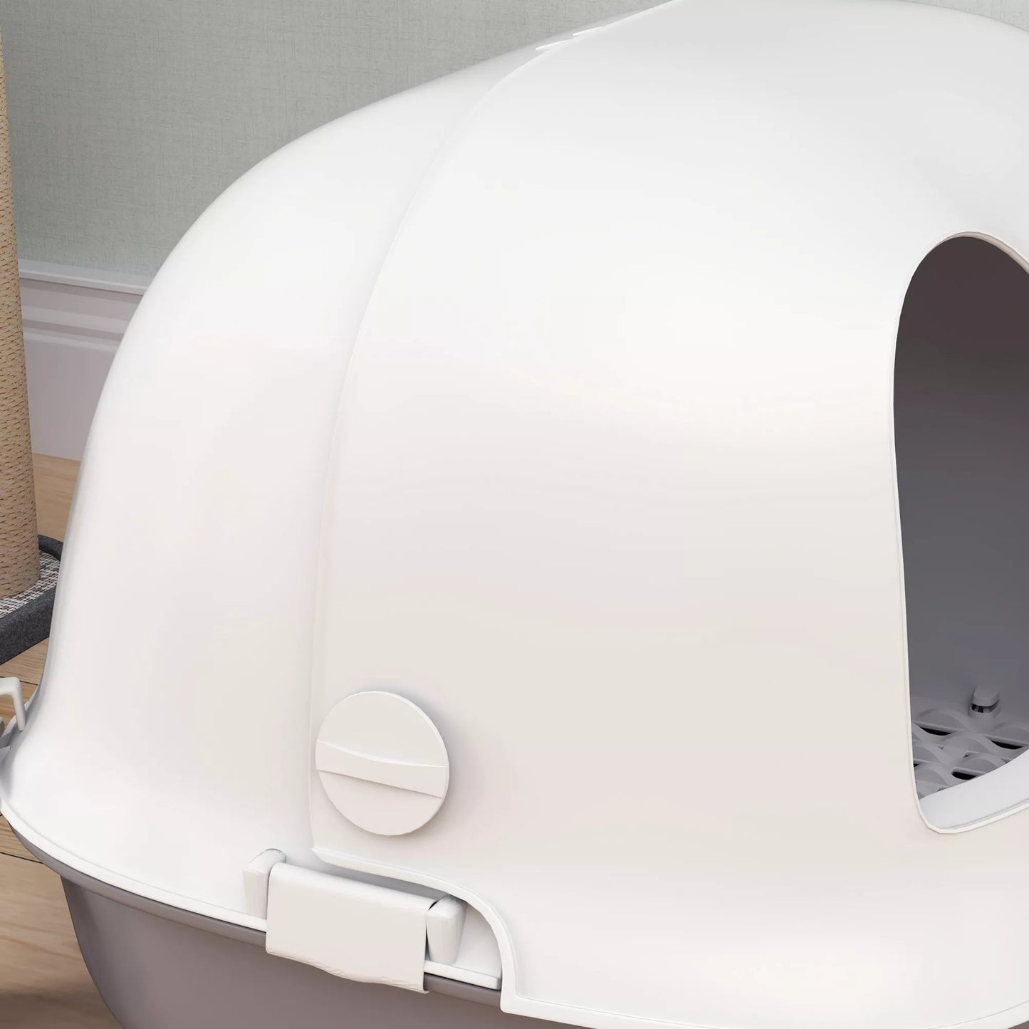 Kaķu pakaišu kaste ar vāku un iekšējo renni, durvīm, kausiņu, viegli tīrāma, plastmasa, gaiši pelēka