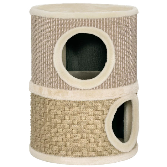 Kačių draskymo statinė, 49 cm aukščio, Ø35,5 cm, dviejų aukštų su pliušiniu kraštu, draskymo kilimėlis, 2 guoliai, chaki+kavos spalvos