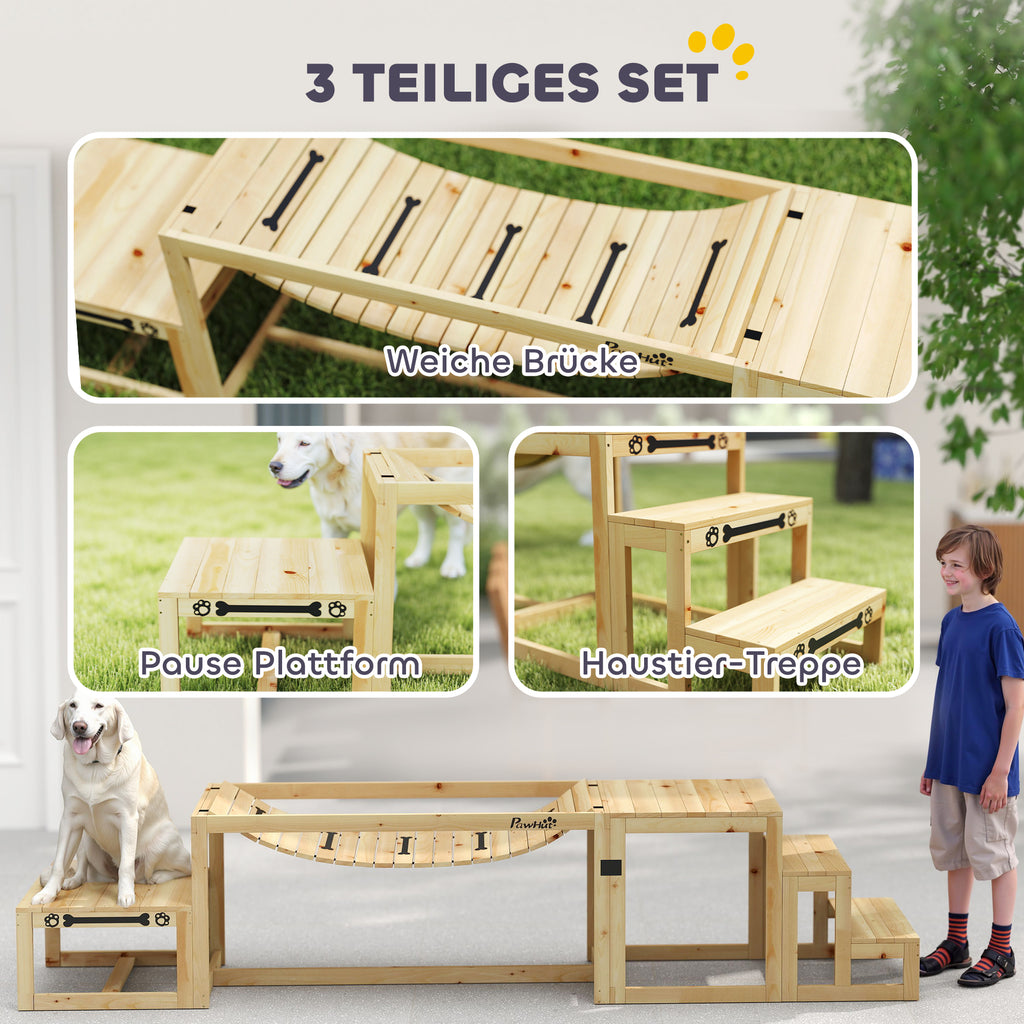 Agility rinkinys šunims: tiltelis, laiptai ir platforma, iš eglės medienos, iki 40 kg, natūralaus medžio spalvos
