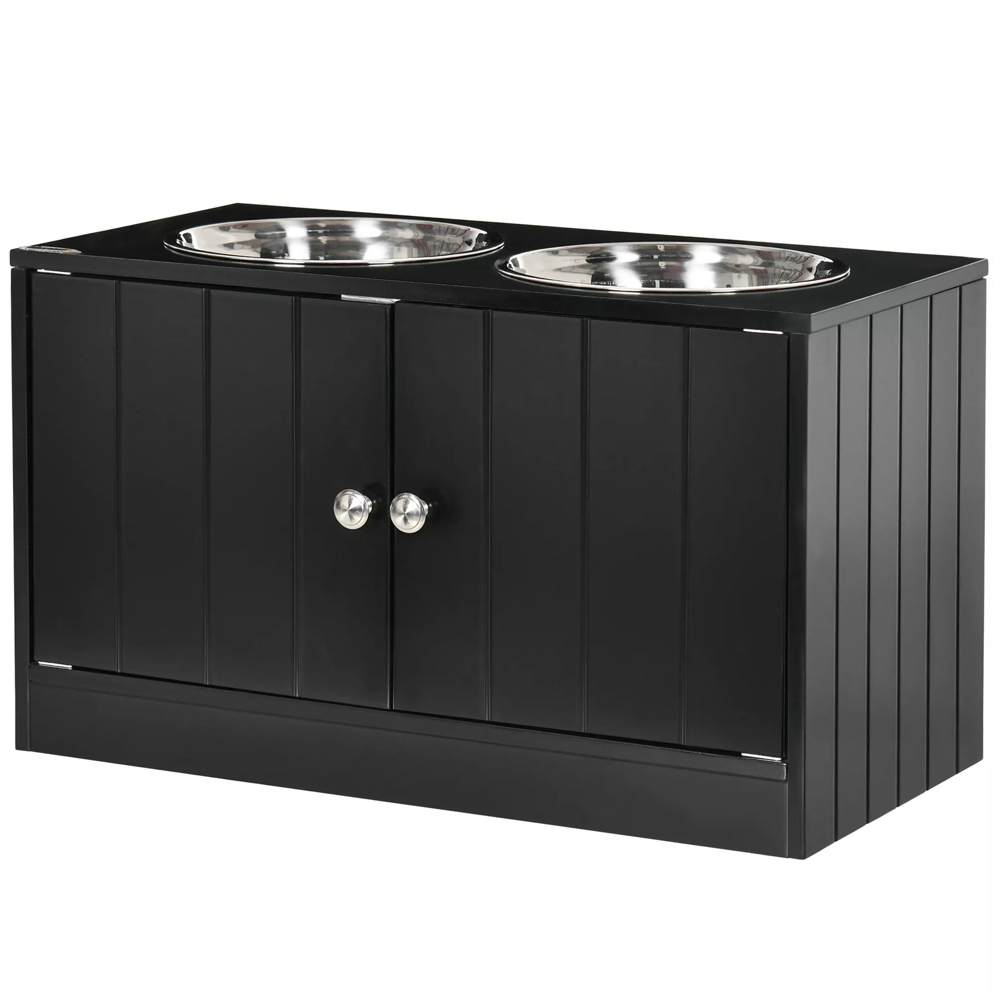 Paaukštinta šėrimo stotis su 2 nerūdijančio plieno dubenėliais ir 44 L talpos daiktadėže, magnetinėmis durelėmis, dideliems šunims, juoda