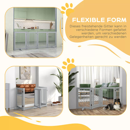 Freestanding dog fence, 4 panels, flexible, pine wood, 204L x 36D x 75H cm, light grey