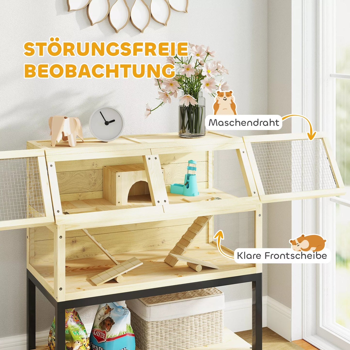 Koka būris pundurkāmjiem ar uzglabāšanas nodalījumu, riteņiem, rampām, ūdens pudeli, mājiņu, šūpolēm, 87 x 43 x 101 cm