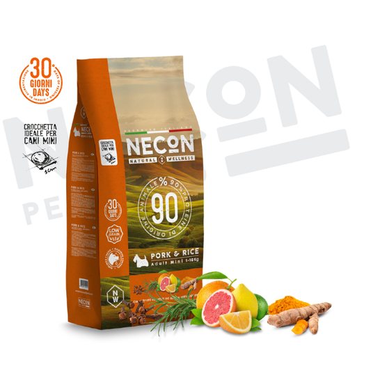 Necon Natural Wellness Adult Mini sausas pašaras mažų veislių šunims su kiauliena ir ryžiais sudėtis