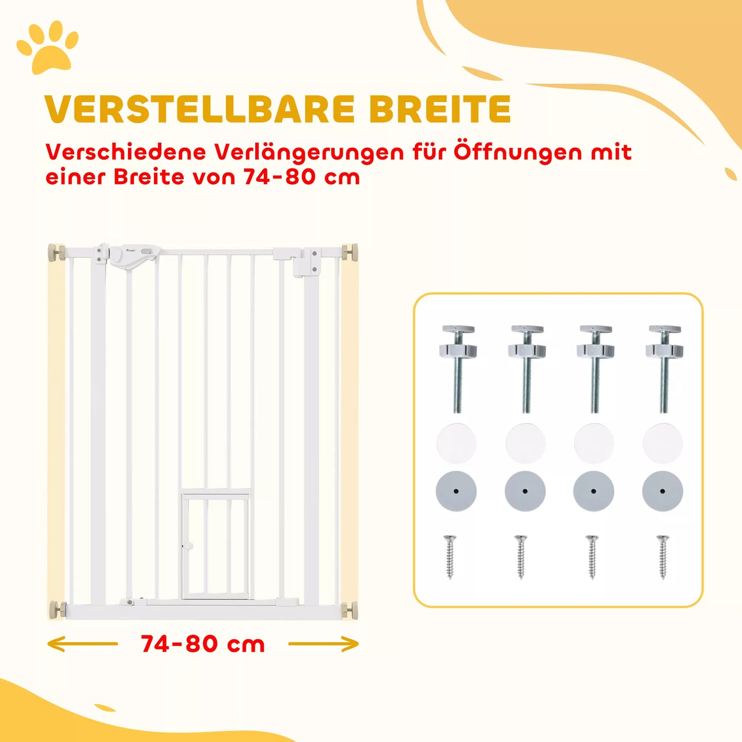 Drošības vārtiņi ar kaķu durvīm, uzstādīšana bez urbšanas, regulējams platums 74-80 cm, atveras ar vienu roku, metāla, balti