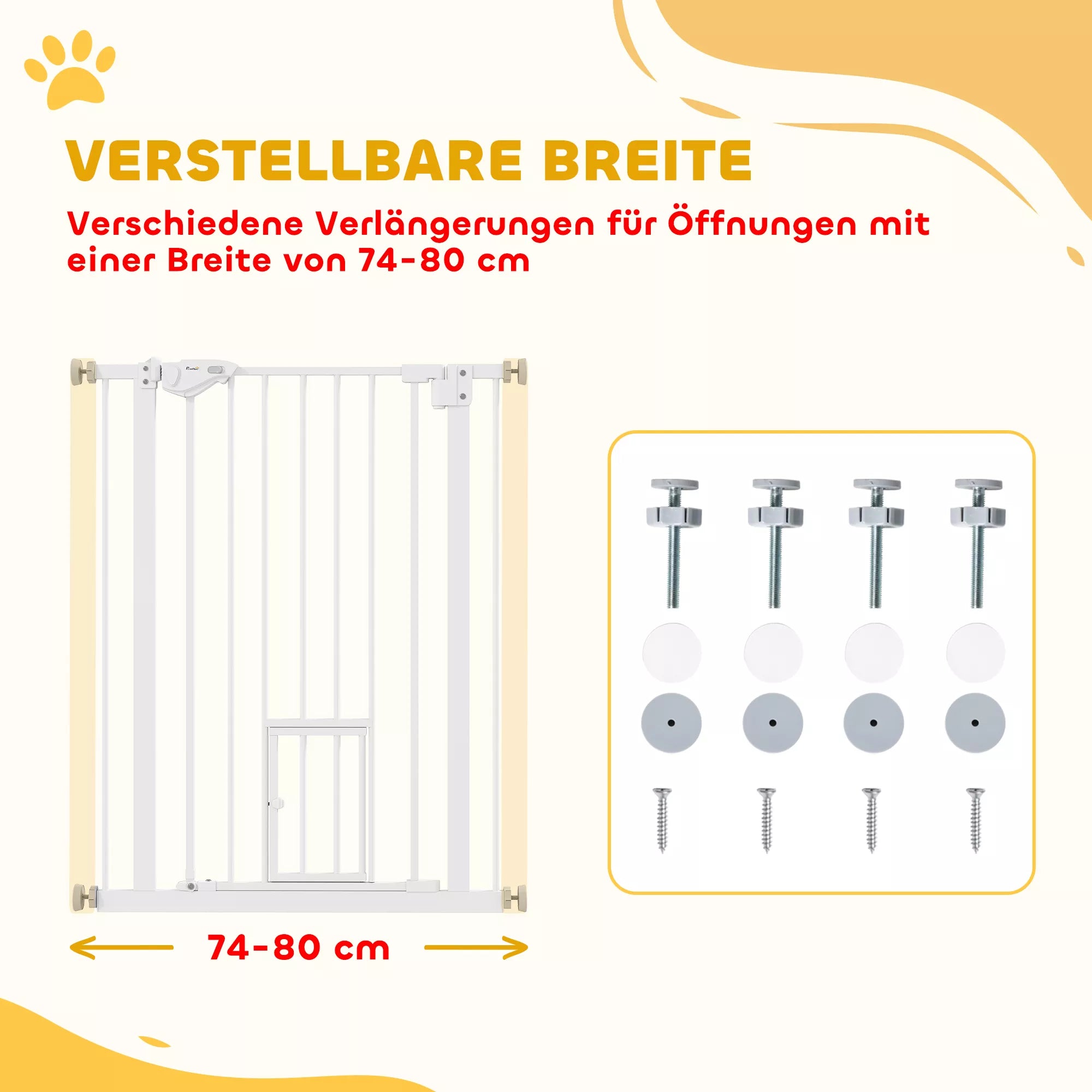 Drošības vārtiņi ar kaķu durvīm, uzstādīšana bez urbšanas, regulējams platums 74-80 cm, atveras ar vienu roku, metāla, balti