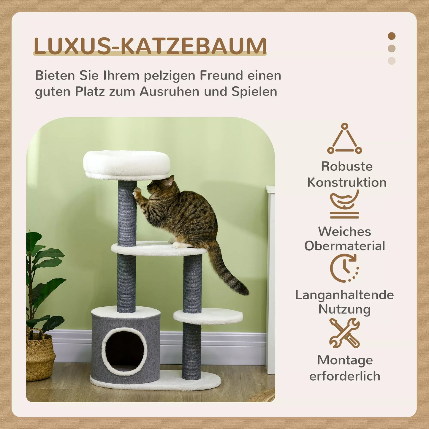 PawHut kaķu māja ar 1 kaķu gultu, 1 kaķu gulta, 2 platformas, stabi ar džutas virvi, balta + pelēka PawHut