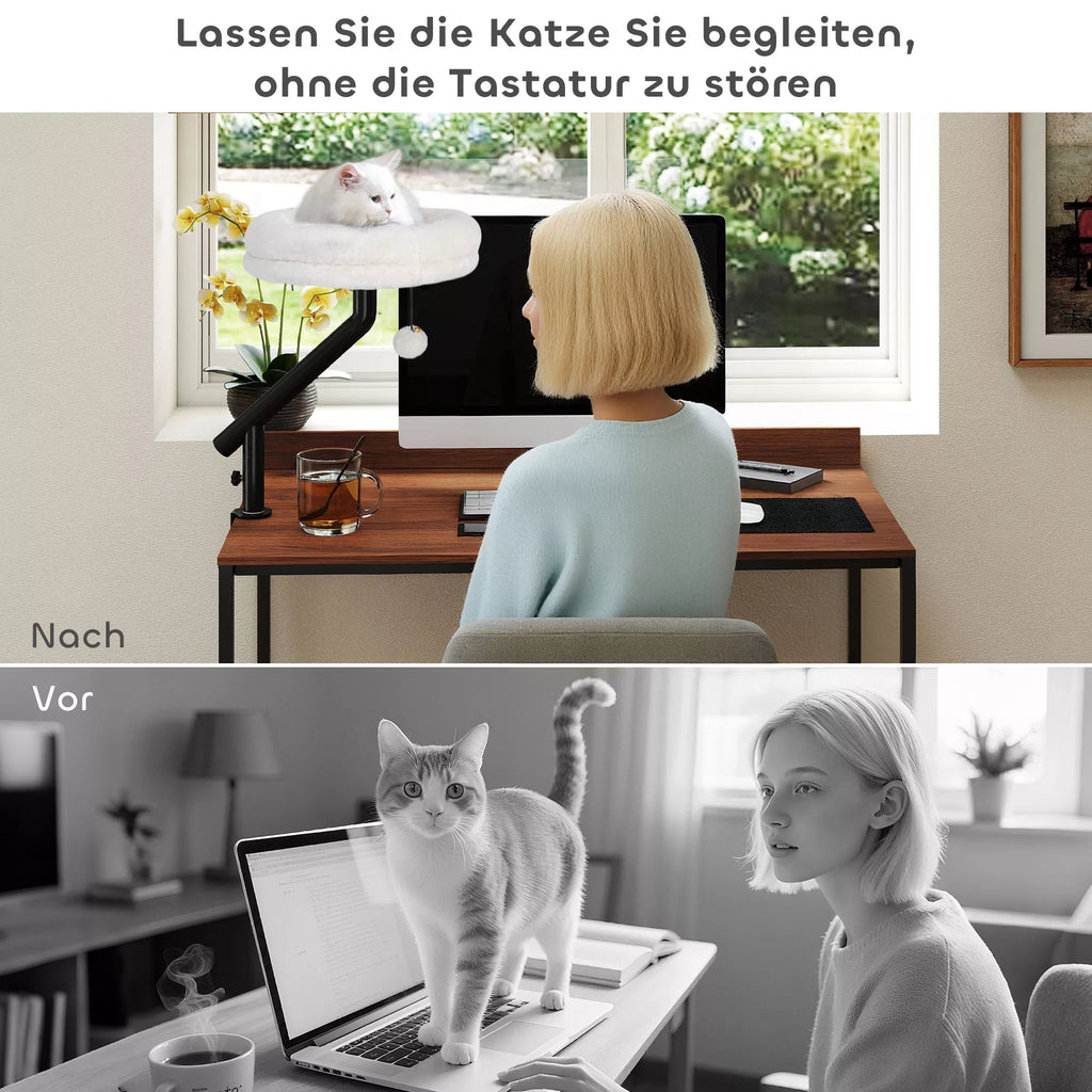 Katės lova prie rašomojo stalo, katės lova rašomajam stalui su 360° sukimusi, reguliuojamo aukščio, katės gultas su nuimamu, skalbiamu mašinoje guoliu, katėms iki 6 kg, namų biurui, kreminės baltos spalvos
