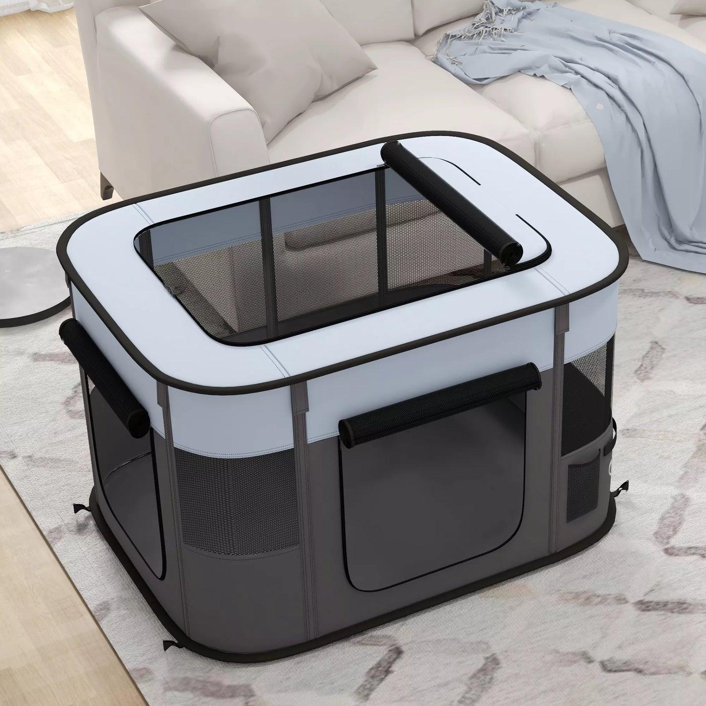 PawHut žaidimų aptvaras naminiams gyvūnėliams, sulankstomas, su laikymo krepšiu, šuniukams ir kačiukams, viduje ir lauke, pilkos spalvos