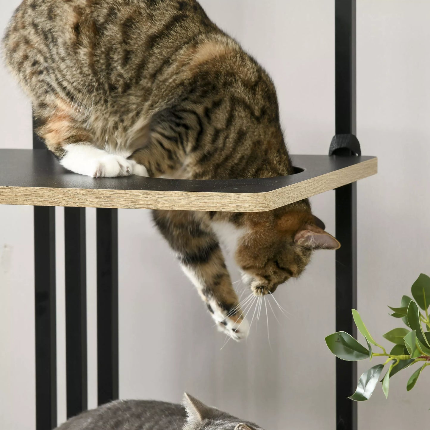 Kaķu māja, industriāls dizains, 3 platformas, 2 guļampapīri, skrāpējamā siena, tērauda rāmis, melna, 85 x 48 x 170 cm