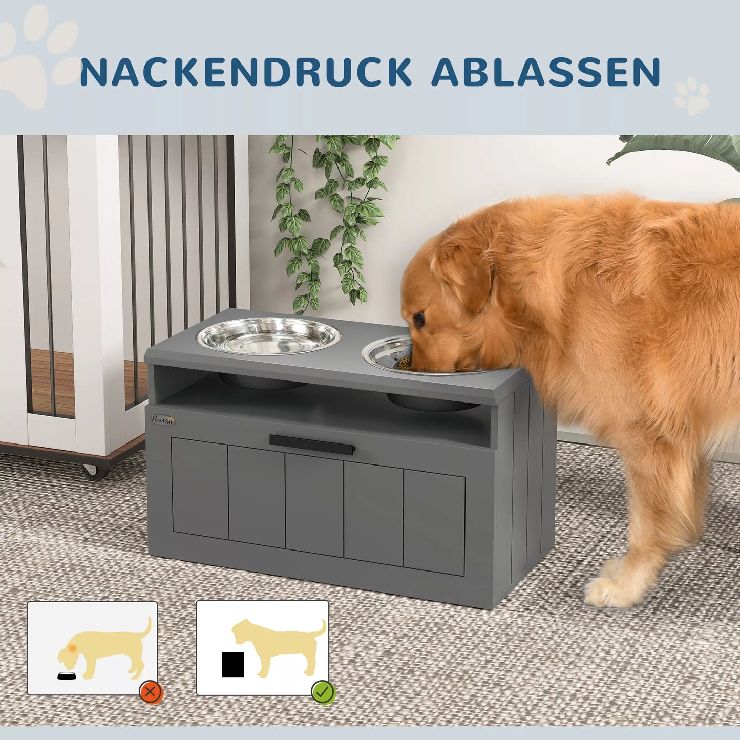 Šėrimo stotelė dideliems šunims, su 2 nerūdijančio plieno dubenėliais, stalčius, naminių gyvūnėlių ėdalo dozatorius, MDF, plienas, pilka