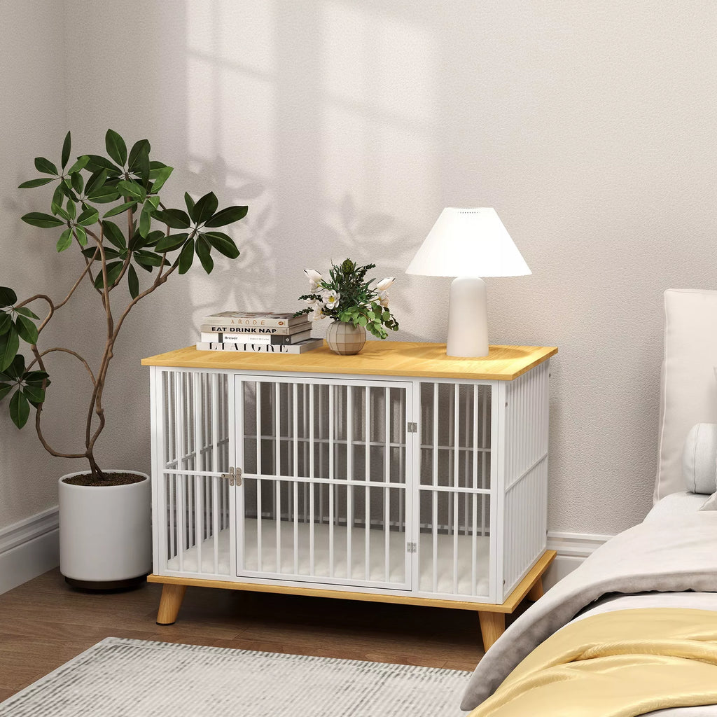 Suņu būris ar aizslēdzamām durvīm, noņemamu spilvenu, labu ventilāciju, tērauda, ​​86x60x70 cm, balts+pelēks