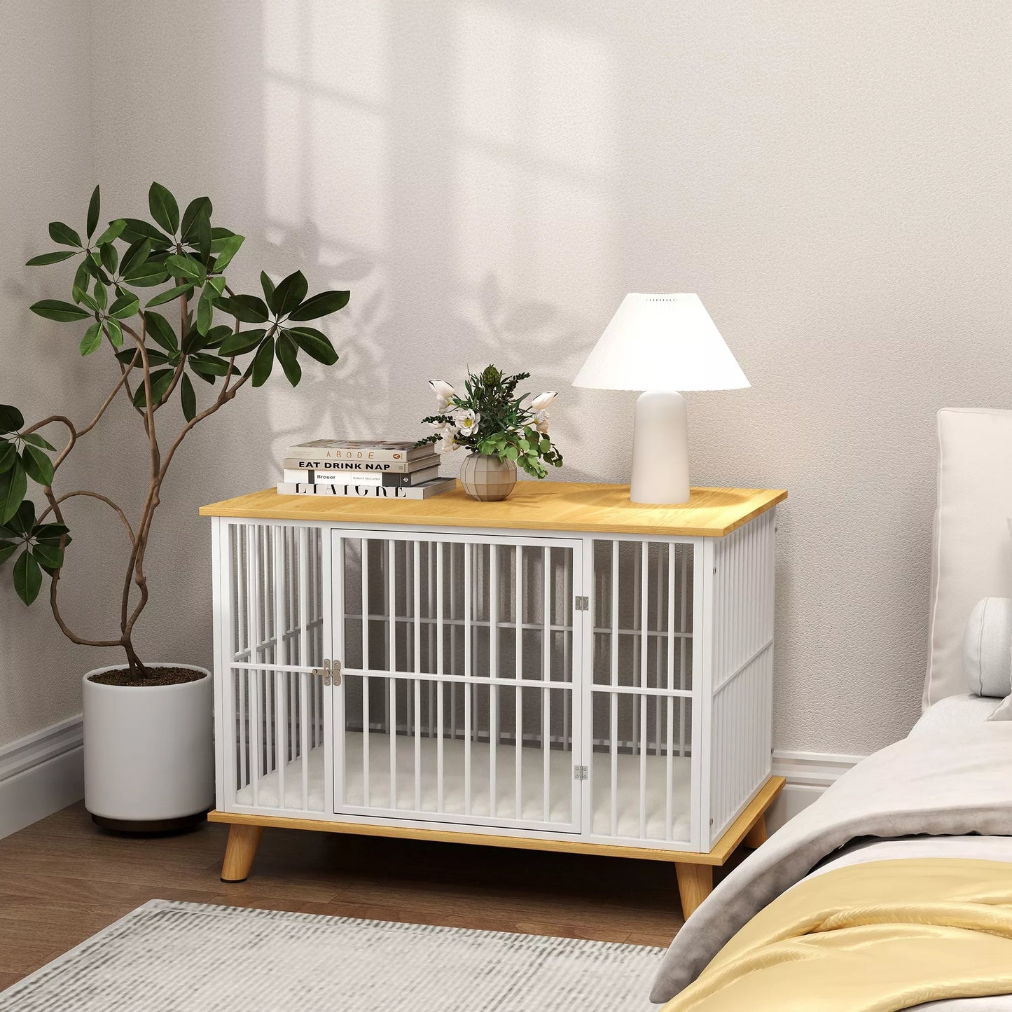 Suņu būris ar aizslēdzamām durvīm, noņemamu spilvenu, labu ventilāciju, tērauda, ​​86x60x70 cm, balts+pelēks