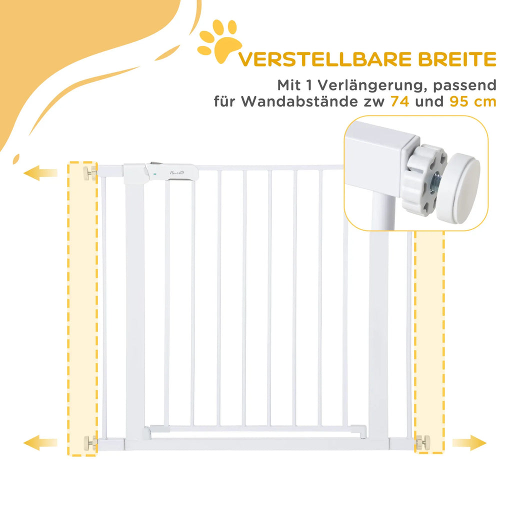 Drošības vārtiņi, uzstādīšana bez urbšanas, regulējams platums 75-96 cm, atveras ar vienu roku, metāla, balti, automātiski aizveras bērnu drošības vārtiņi