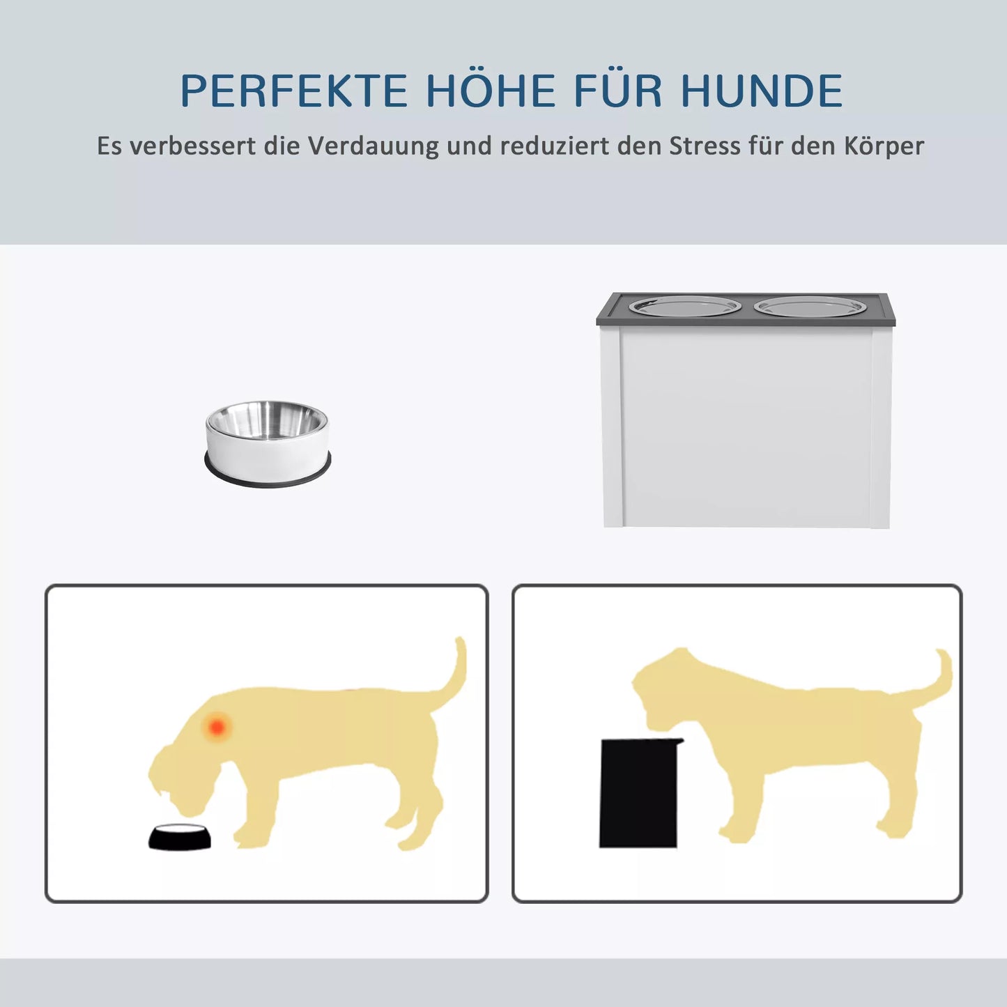 Barošanas stacija ar paceltiem barības konteineriem, 1 uzglabāšanas vieta, 2 nerūsējošā tērauda bļodas, 60 x 30 x 42 cm, balta + pelēka