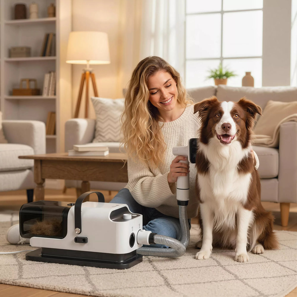 Tyli šunų kirpimo mašinėlė su dulkių siurbliu ir 5 priežiūros įrankiais, šunims ir katėms, balta